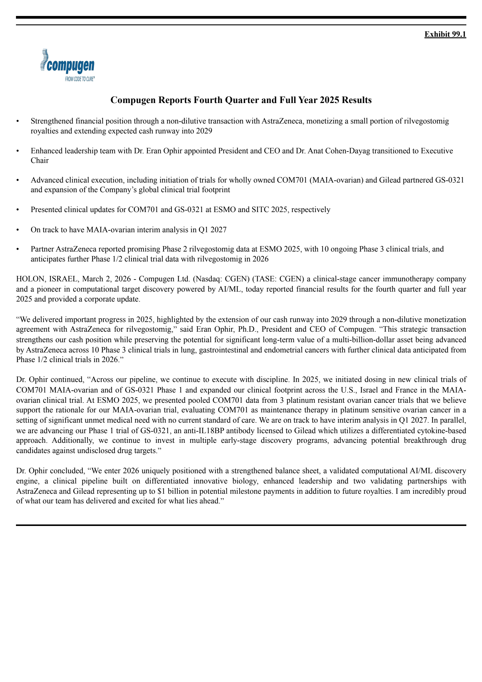 Compugen's Q4 2025 Press Release