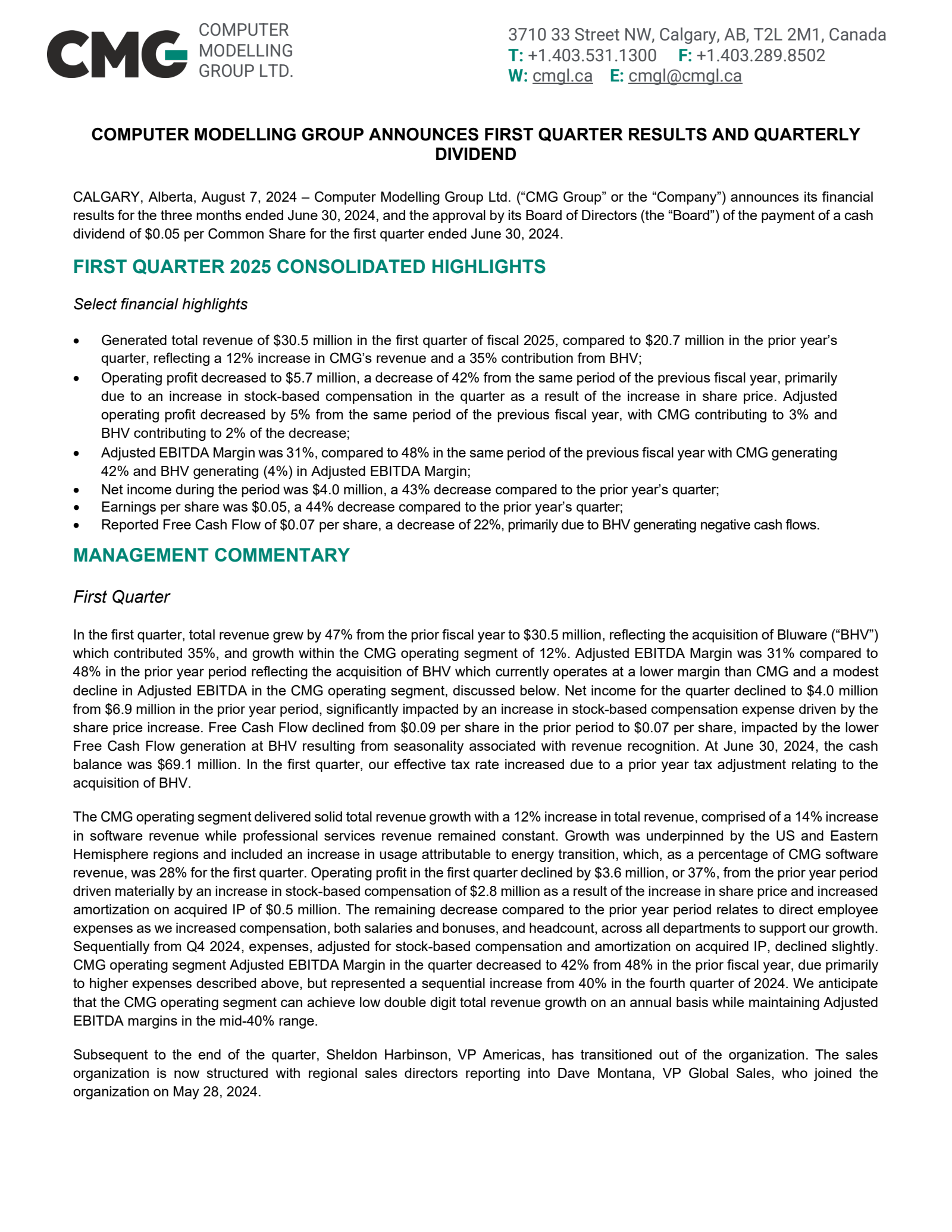 Computer Modelling Group's Q1 2025 Earnings Release