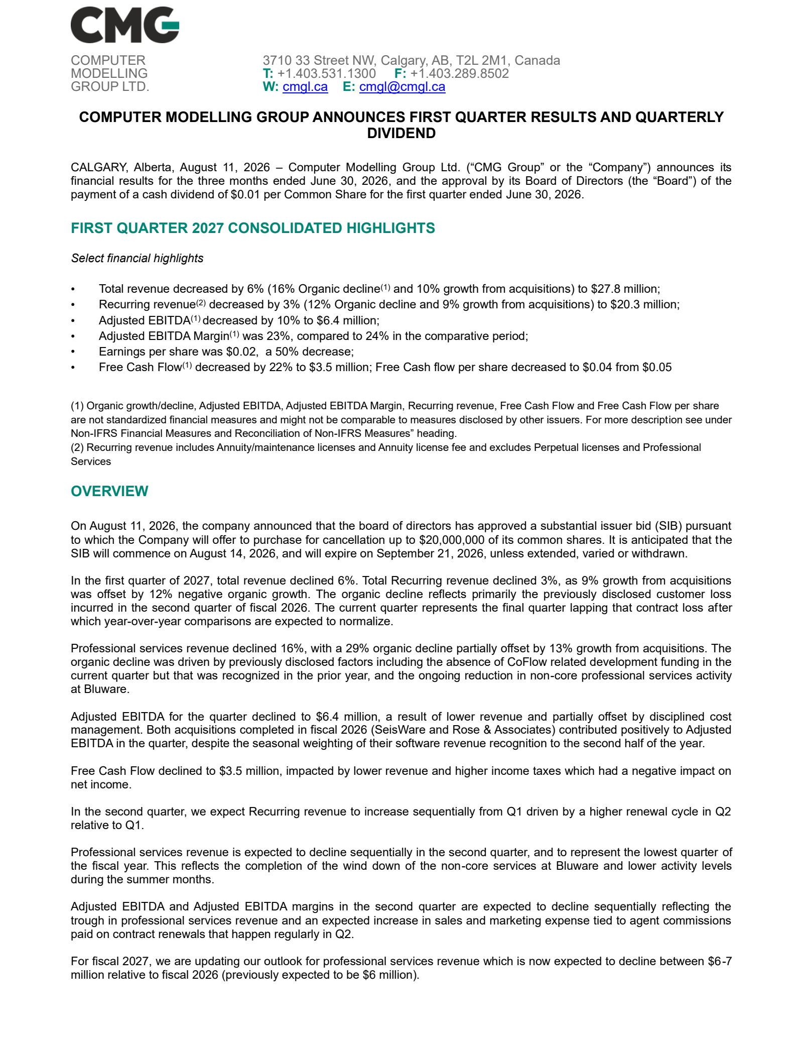 Computer Modelling Group's Q1 2027 Press Release