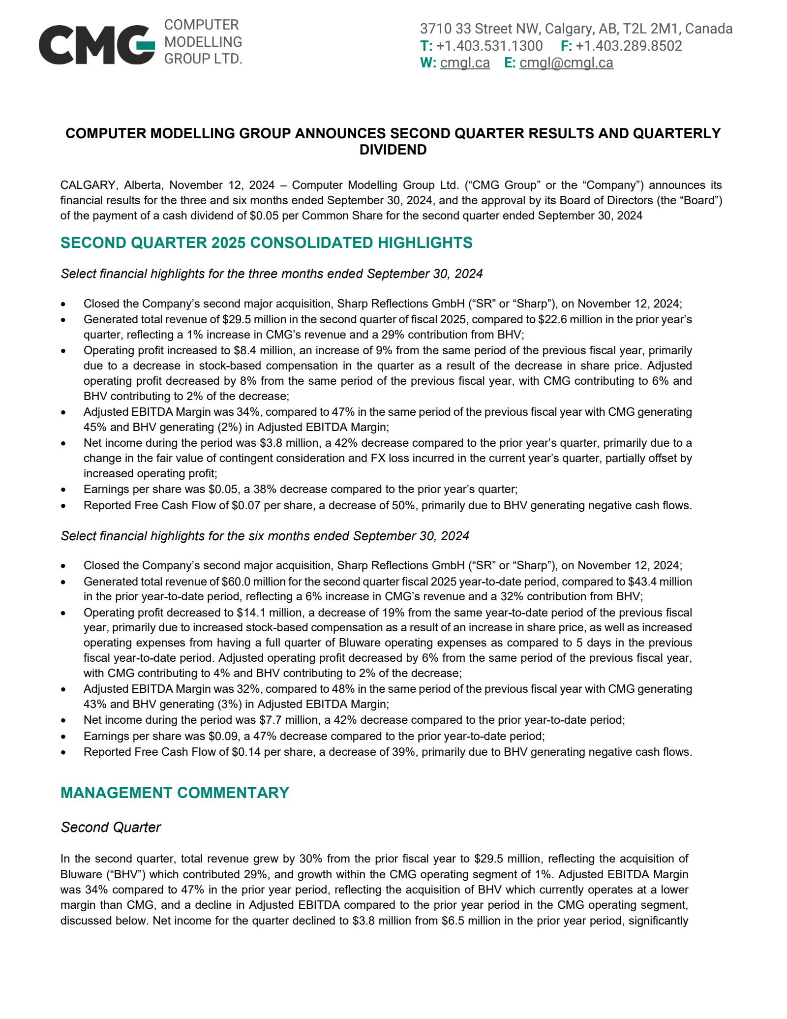 Computer Modelling Group Ceo CMG Q2 2025 Earnings Report on 11/12/2024
