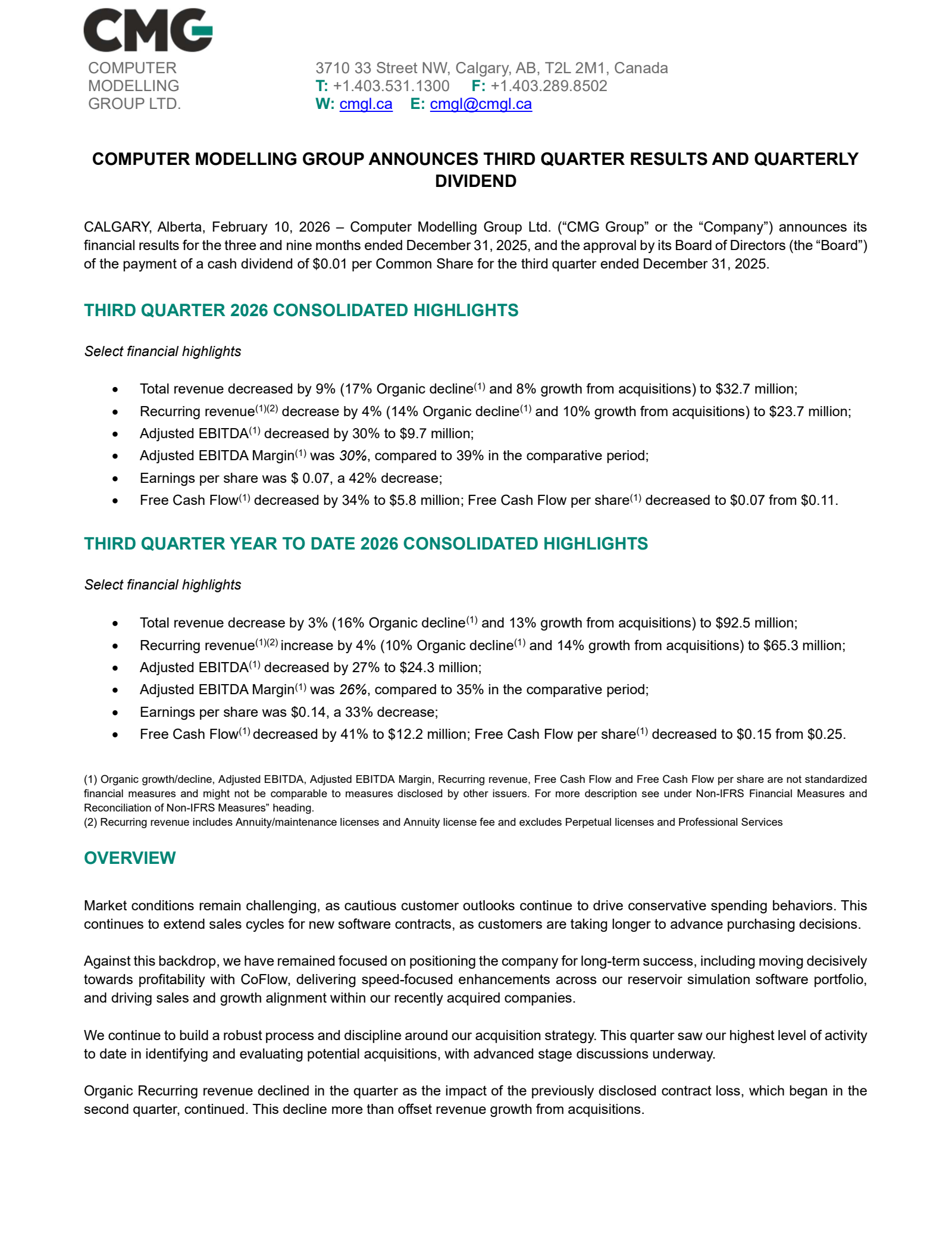 Computer Modelling Group's Q3 2026 Press Release