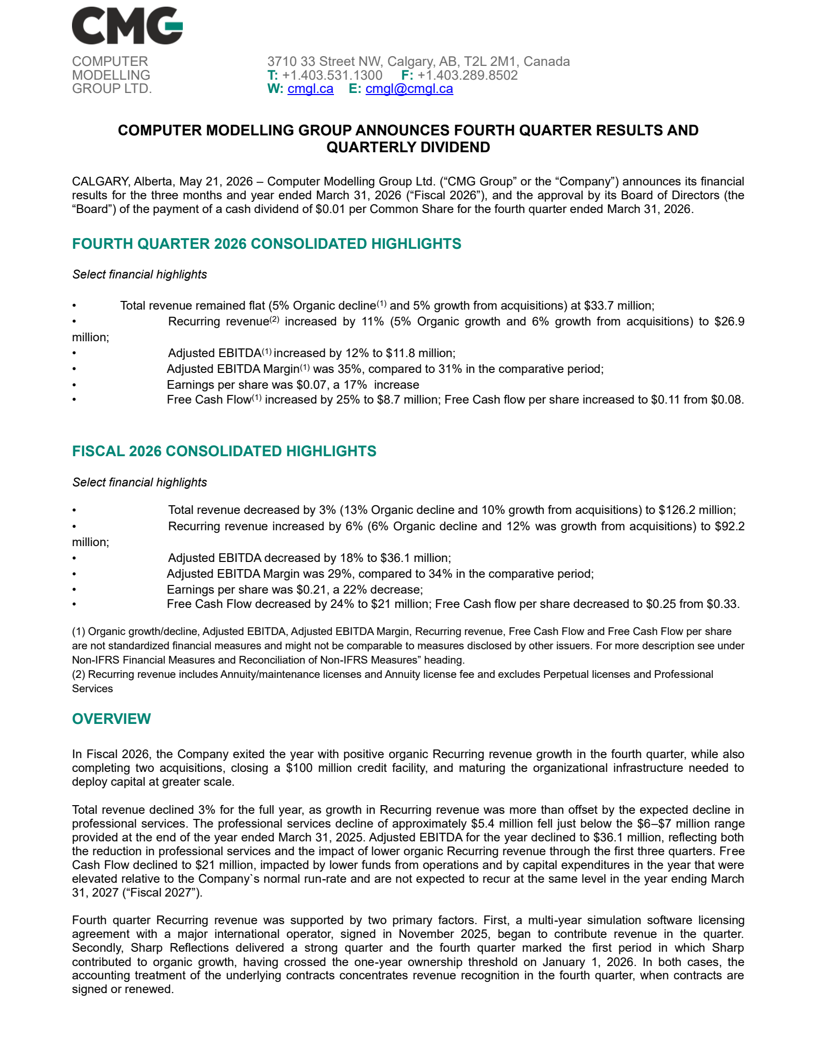 Computer Modelling Group's Q4 2026 Press Release