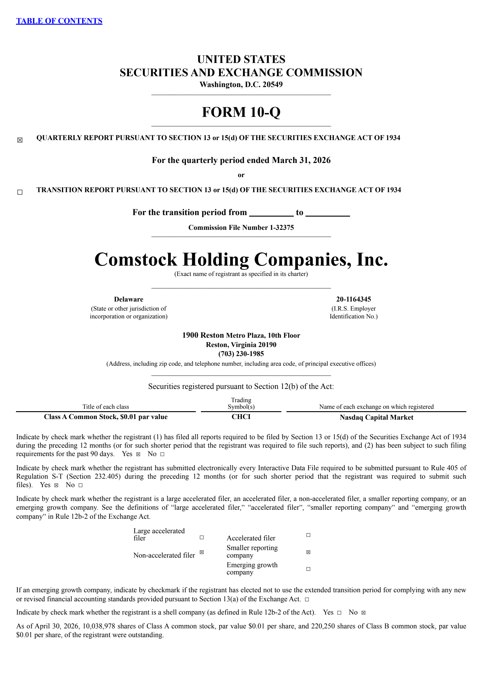 Comstock Holding Companies' Q1 2026 Quarterly report
