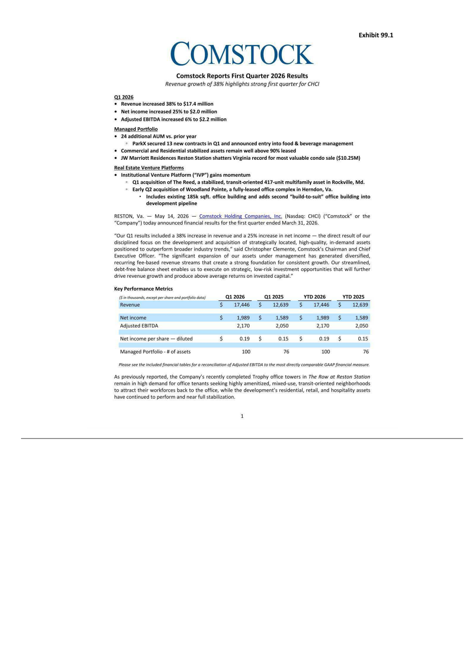 Comstock Holding Companies' Q1 2026 Press Release