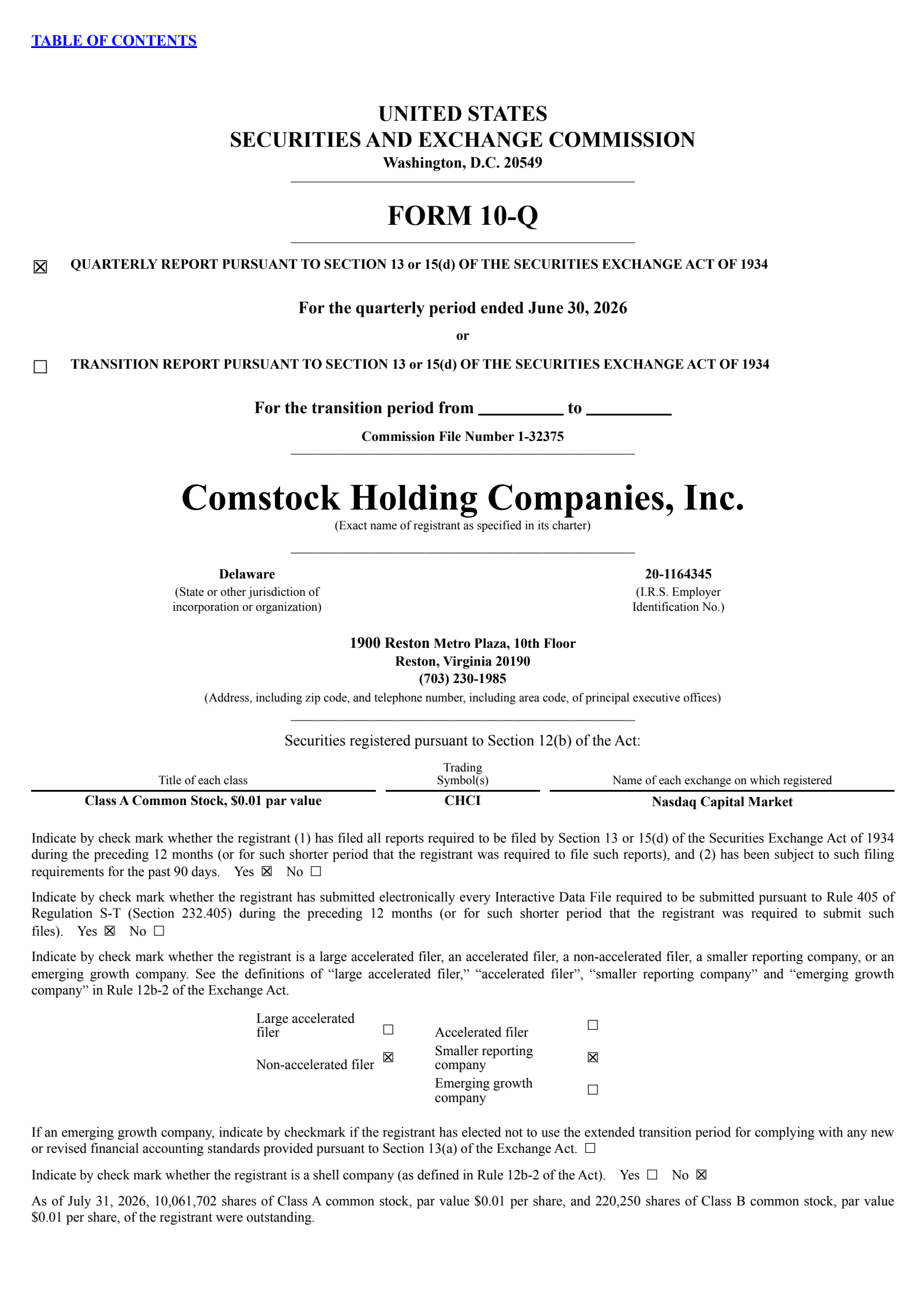 Comstock Holding Companies' Q2 2026 Quarterly report