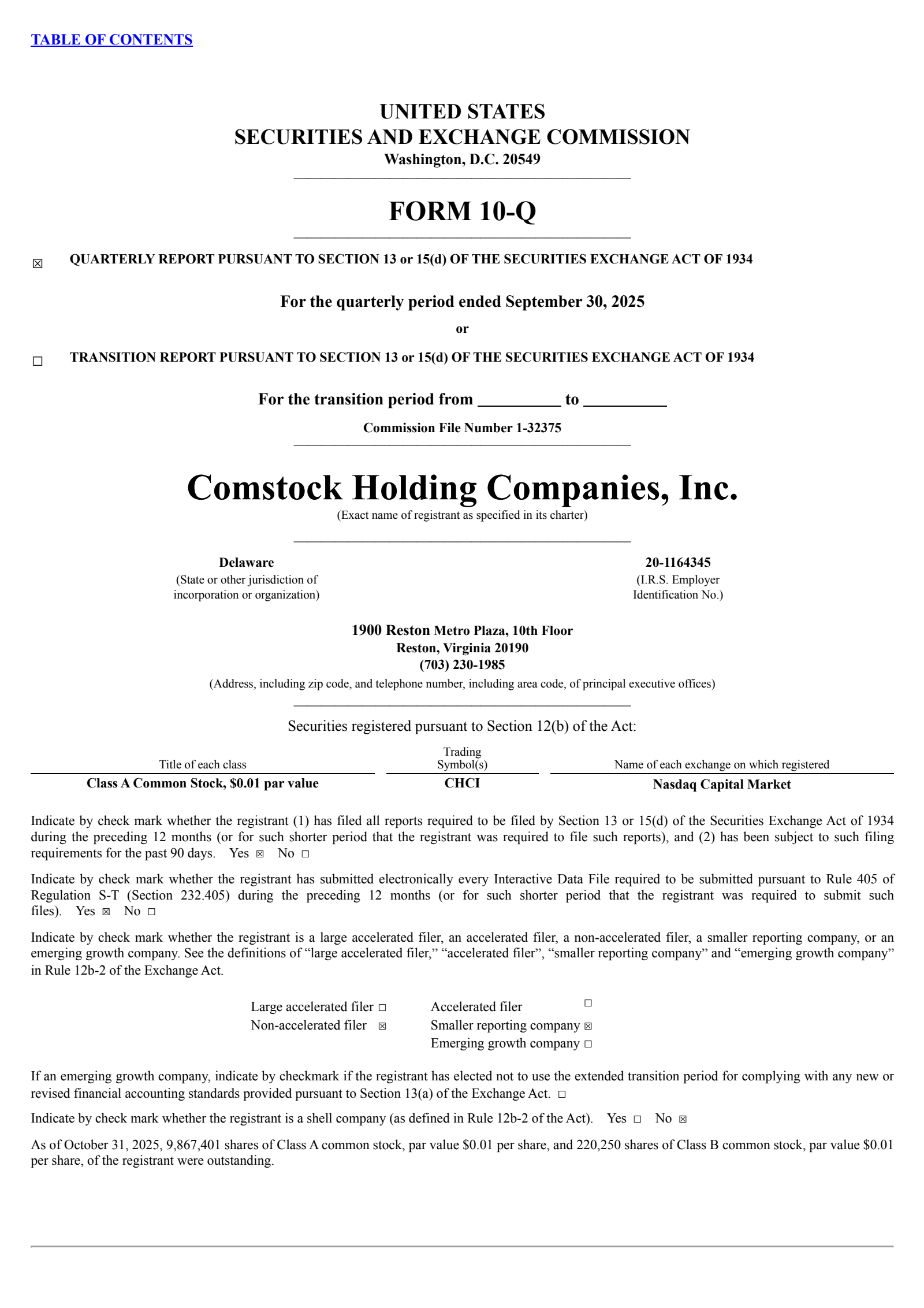 Comstock Holding Companies' Q3 2025 Quarterly Report