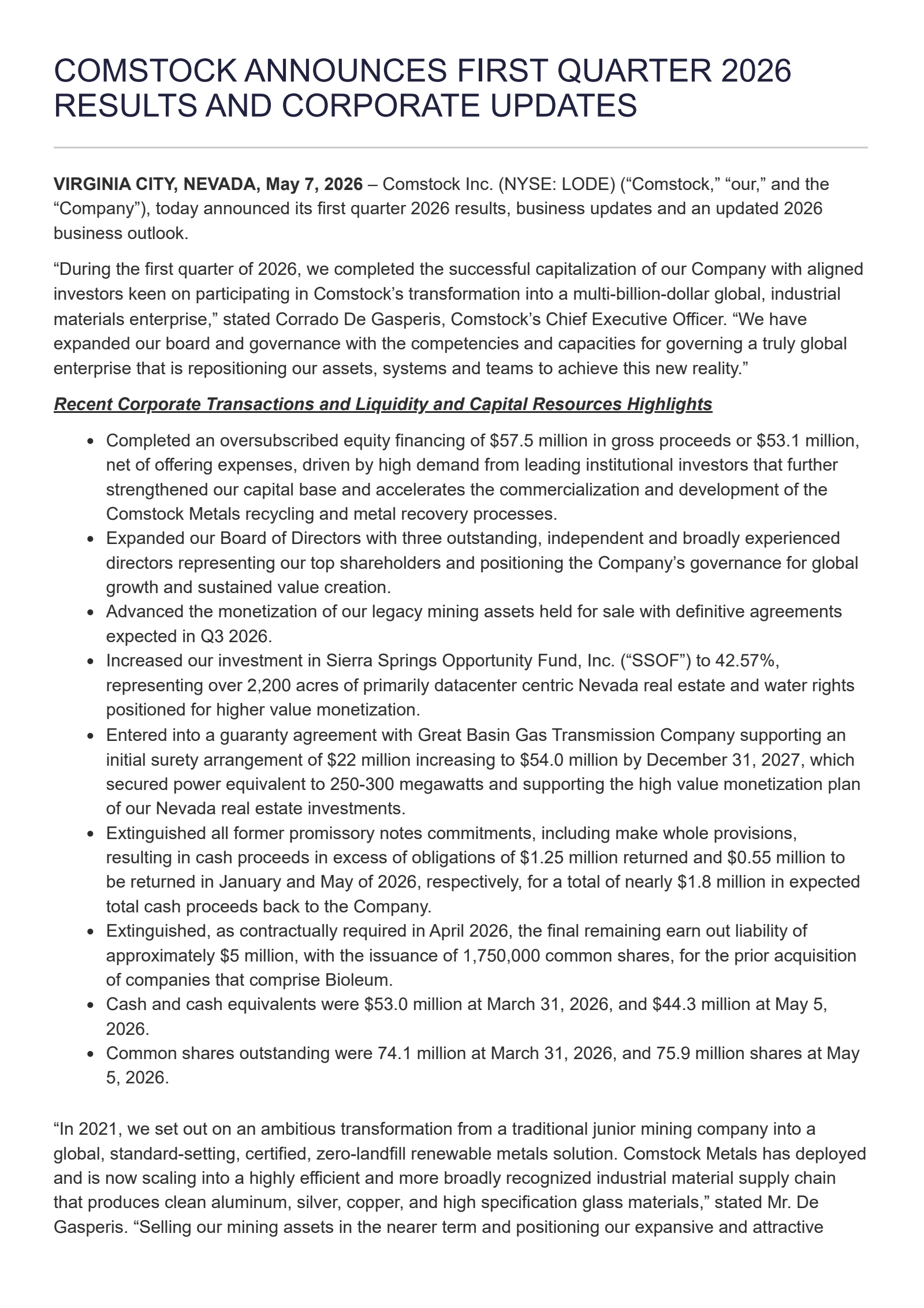 Comstock's Q1 2026 Press Release