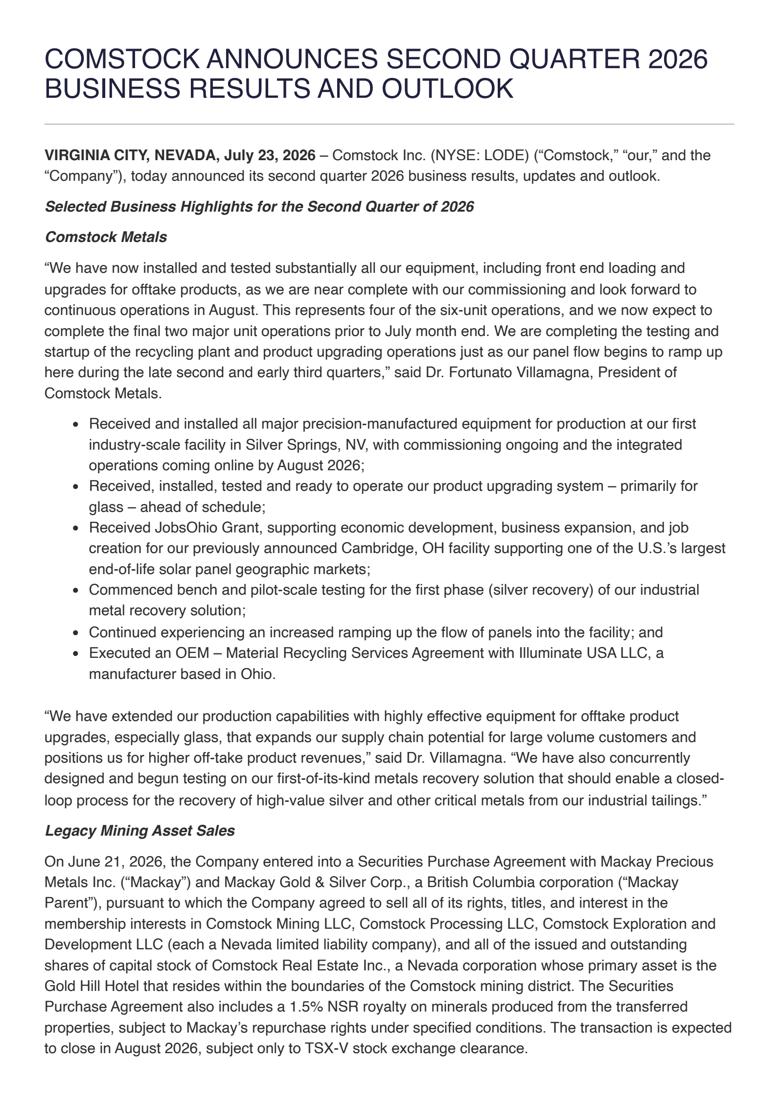 Comstock's Q2 2026 Press Release