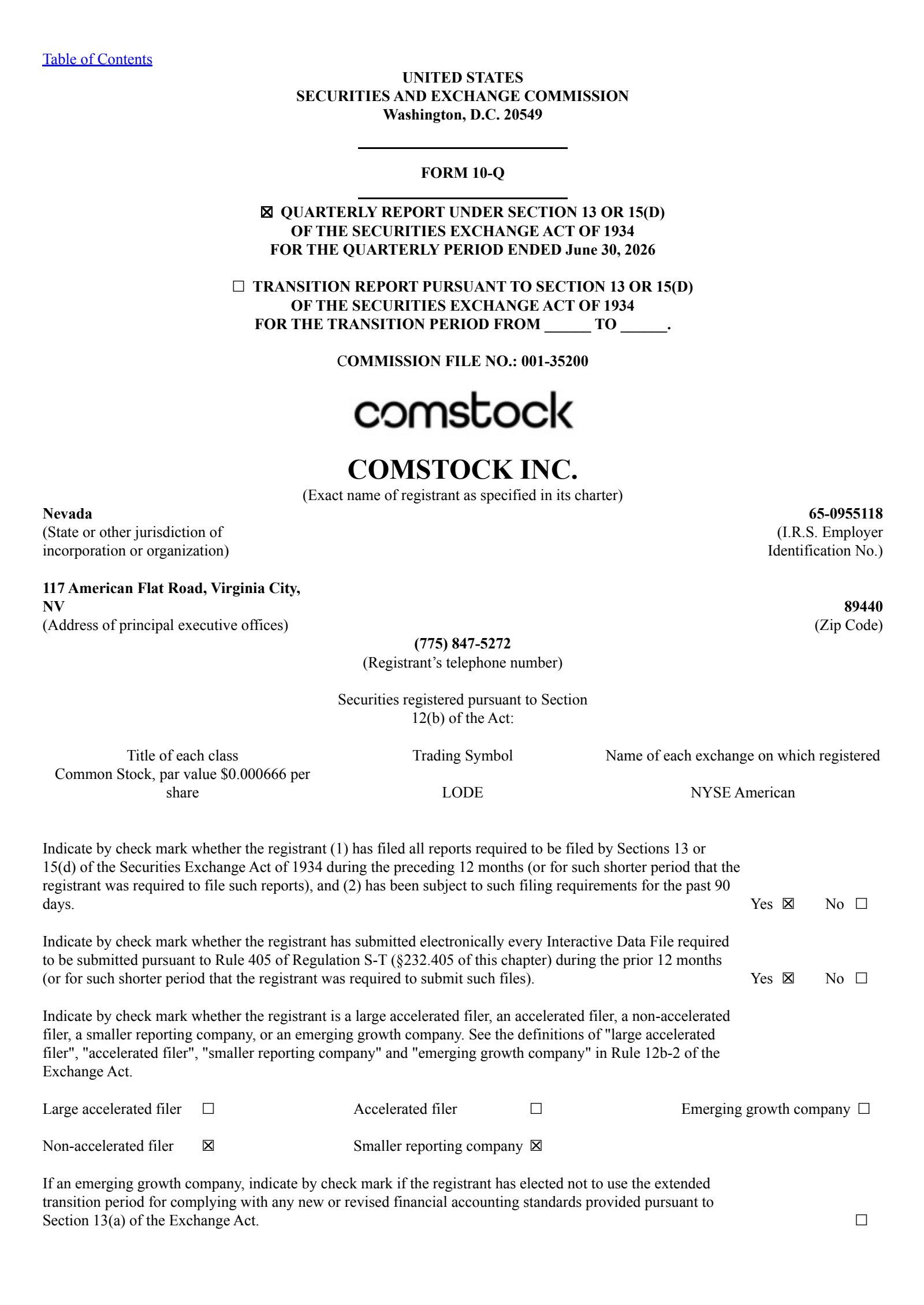 Comstock's Q2 2026 Quarterly report