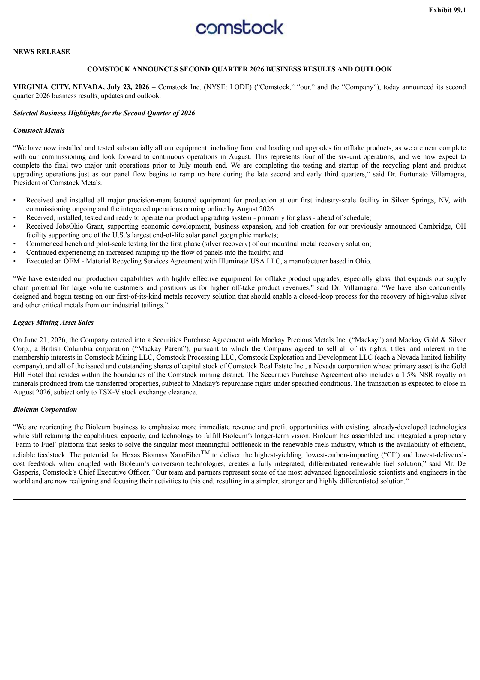 Comstock's Q2 2026 Press Release