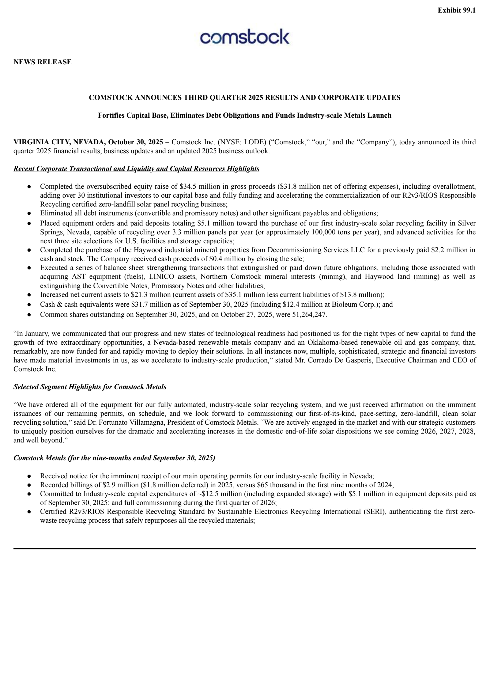 Comstock's Q3 2025 Earnings Release