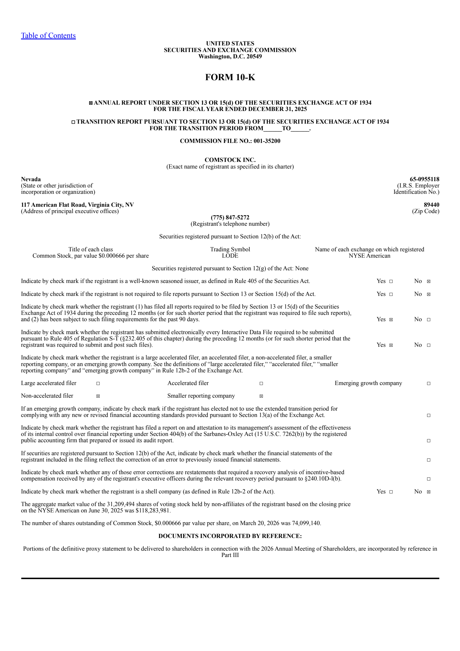 Comstock's Q4 2025 Annual report
