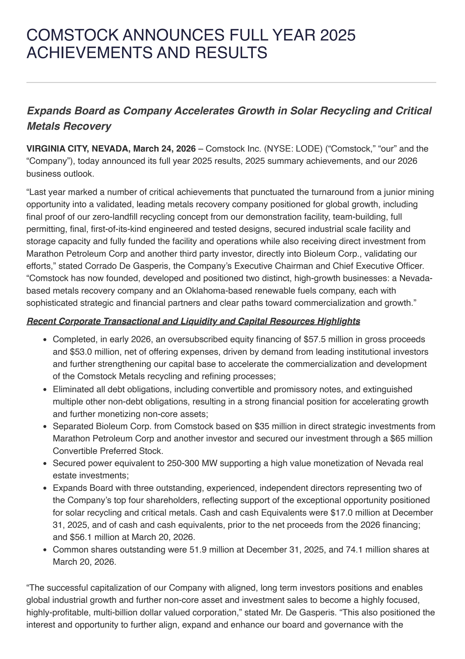 Comstock's Q4 2025 Press Release