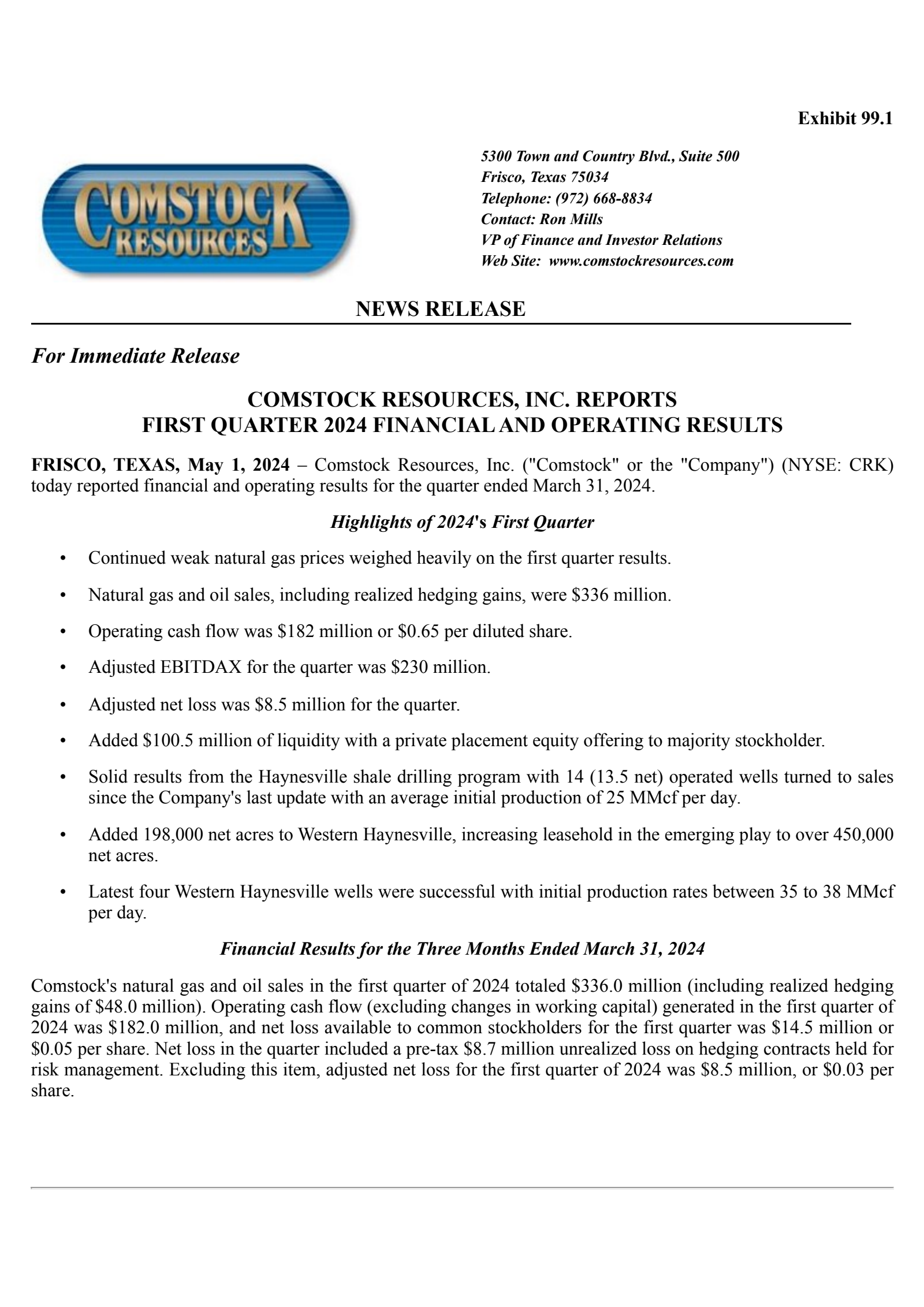 Comstock Resources' Q1 2024 Press Release