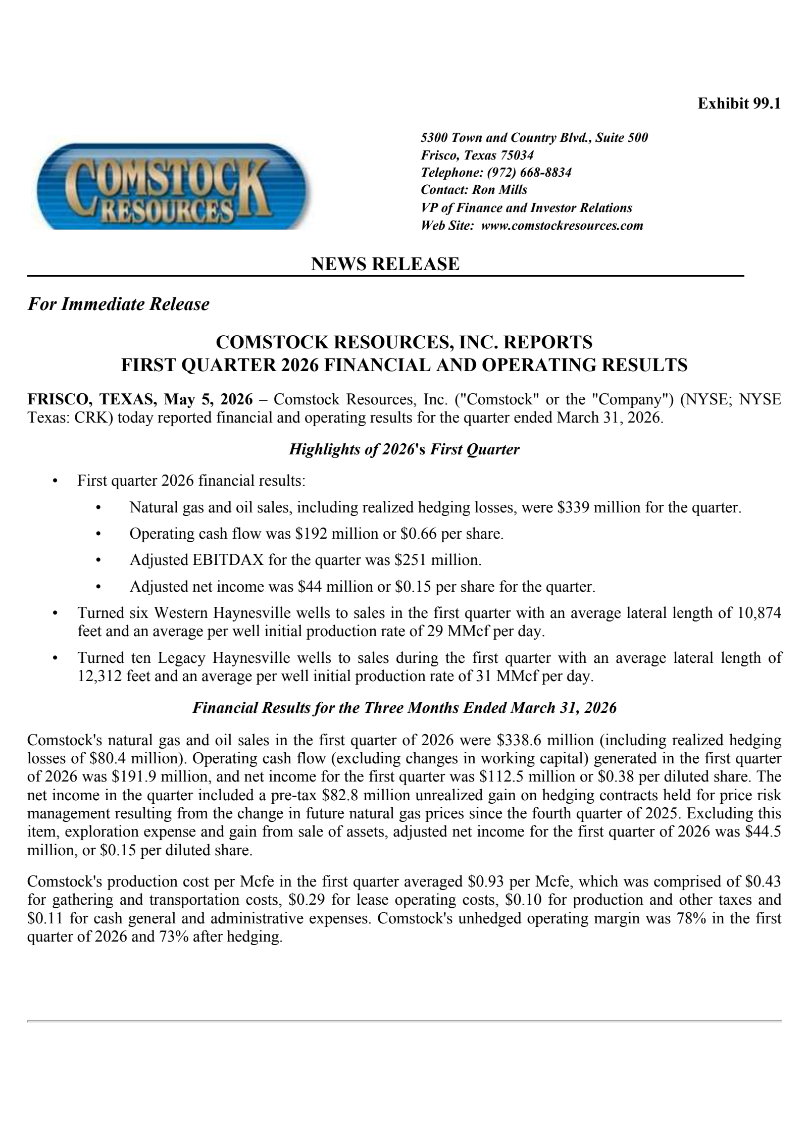 Comstock Resources' Q1 2026 Press Release