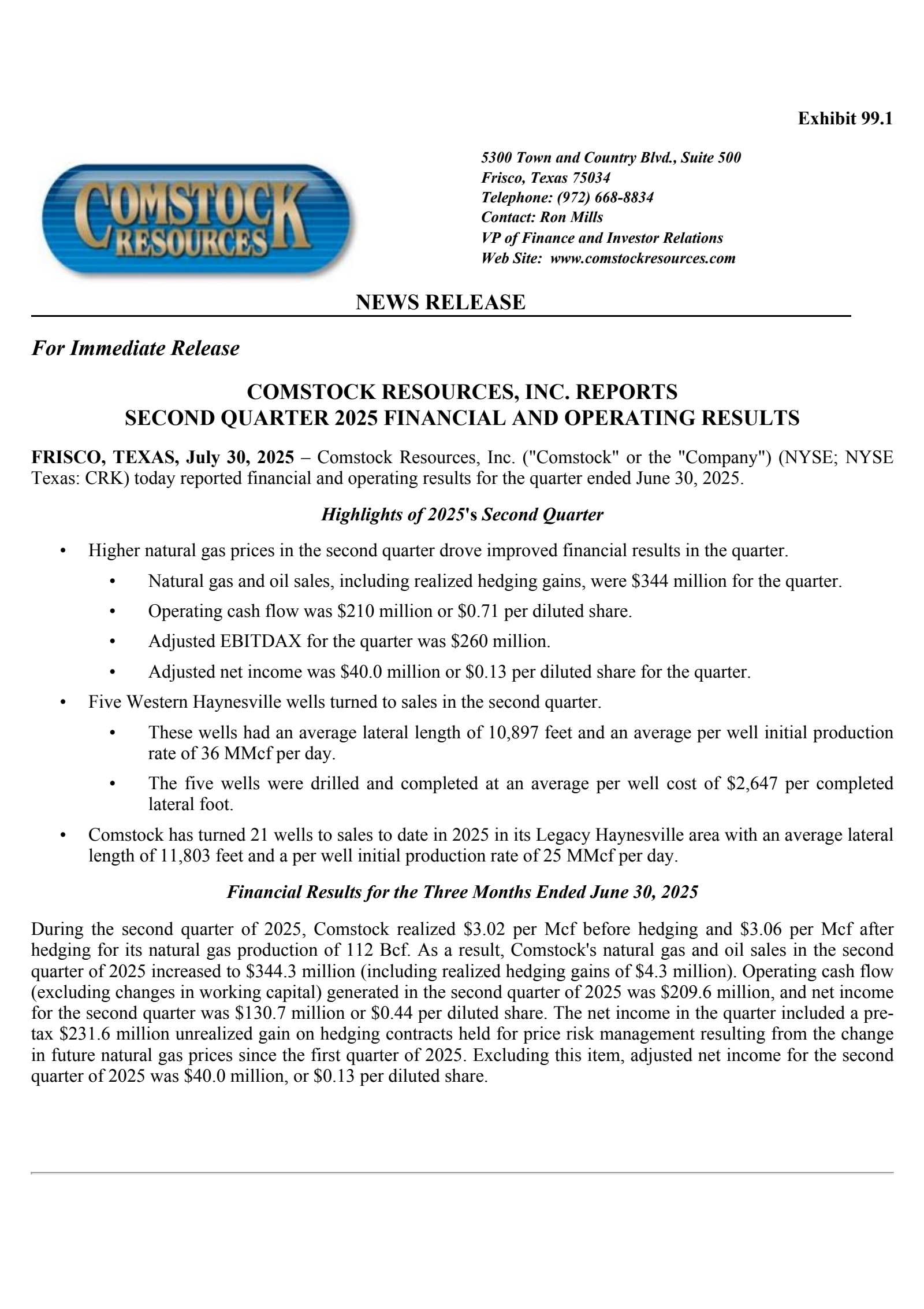 Comstock Resources' Q2 2025 Press Release