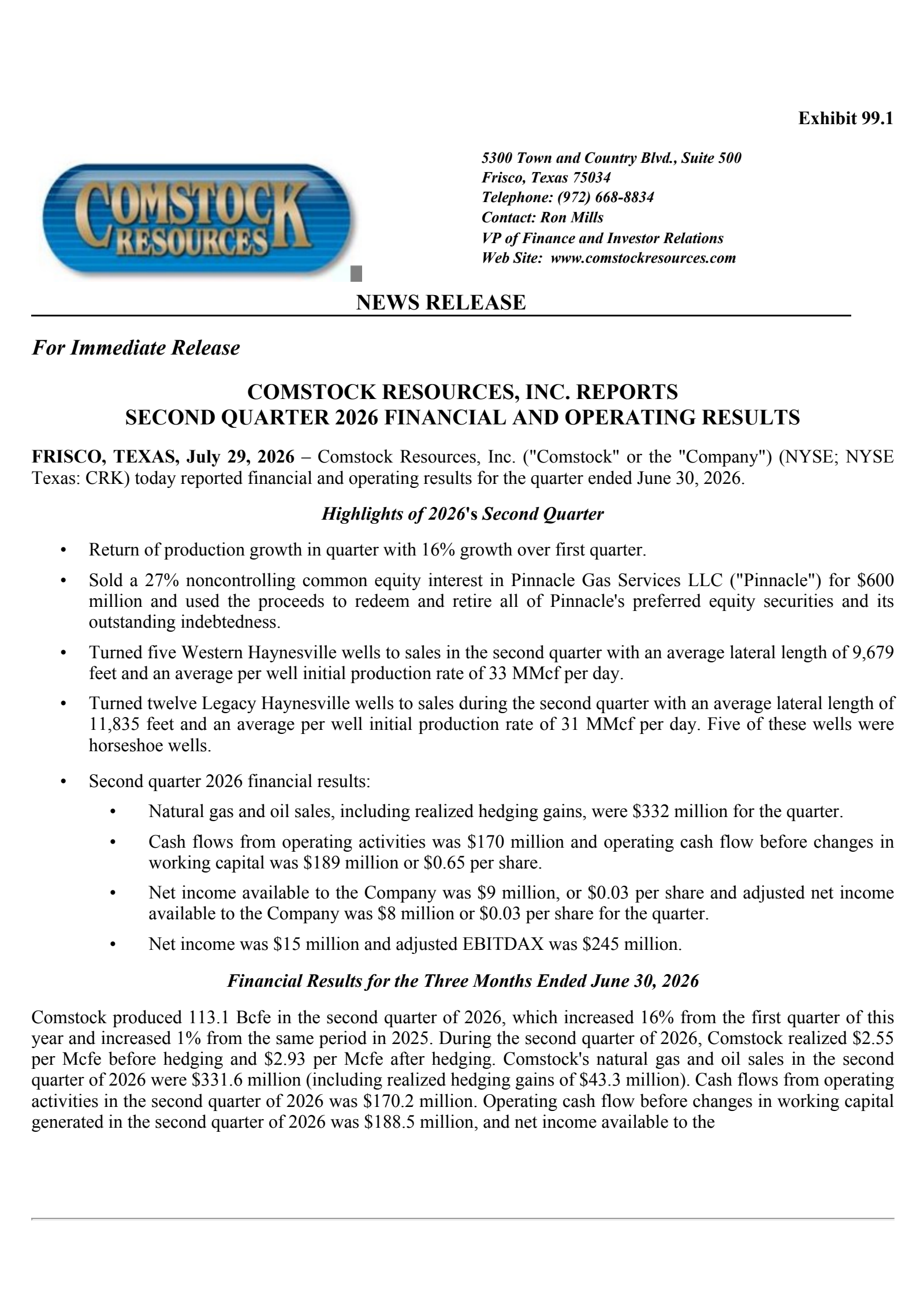 Comstock Resources' Q2 2026 Press Release