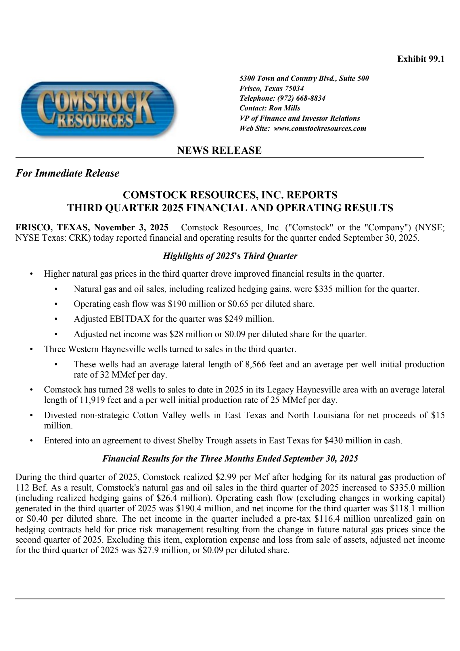 Comstock Resources' Q3 2025 Earnings Release