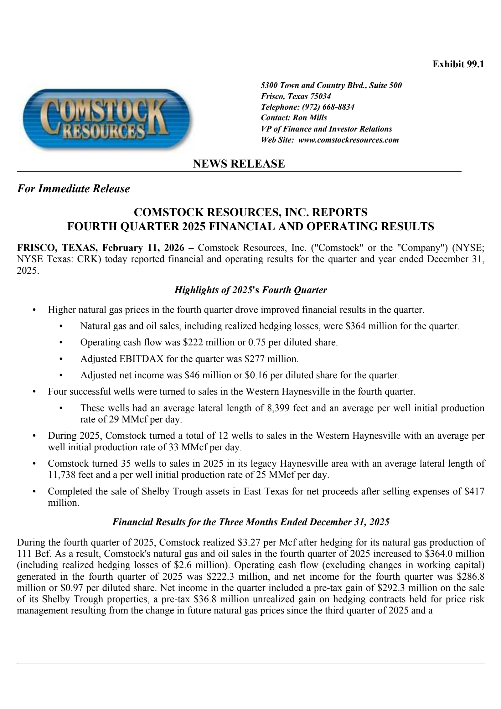 Comstock Resources' Q4 2025 Press Release