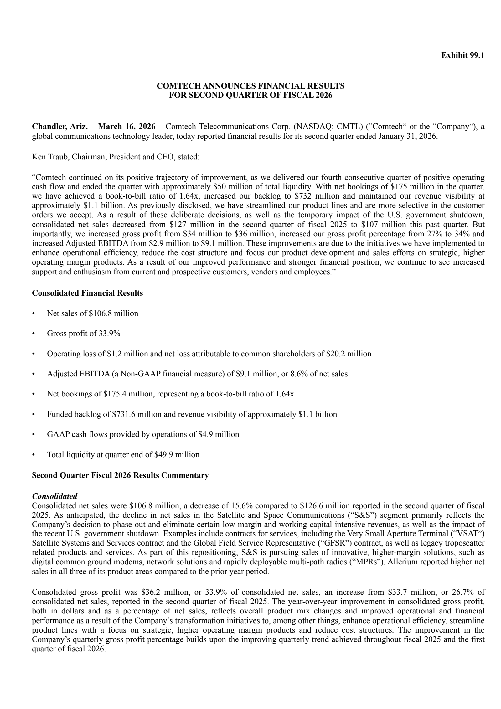 Comtech Telecommunications' Q2 2026 Press Release
