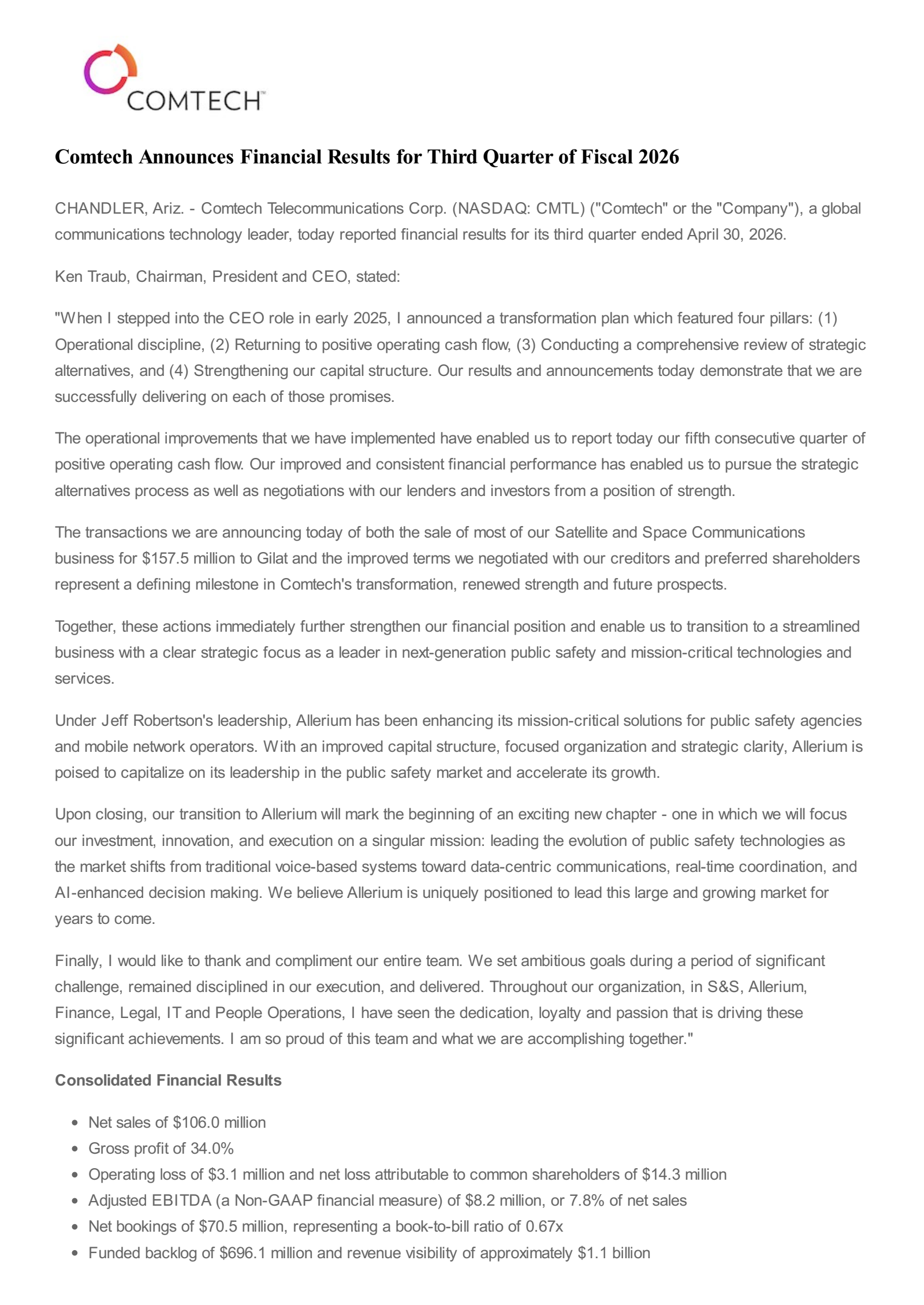 Comtech Telecommunications' Q3 2026 Press Release