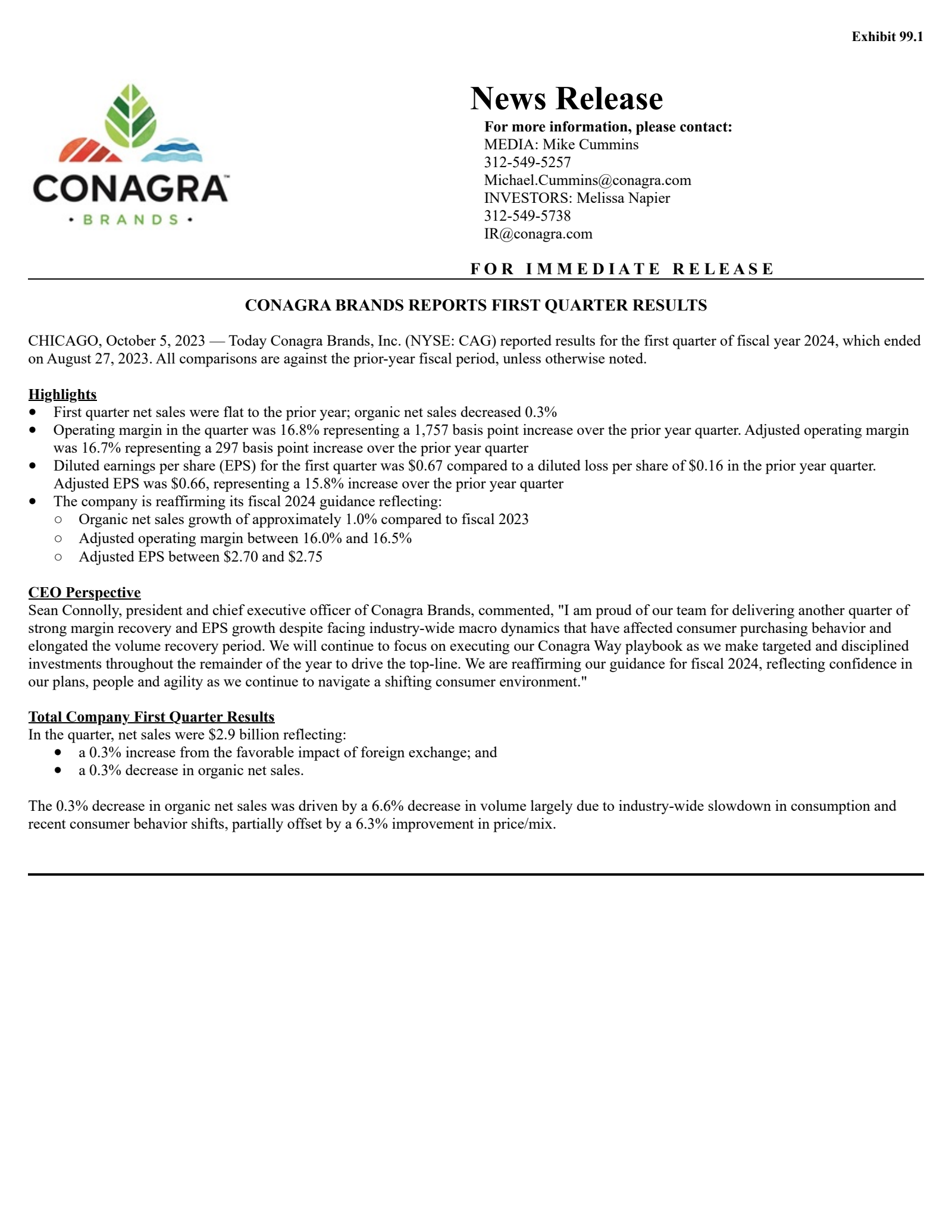 Conagra Brands' Q1 2024 Earnings Release