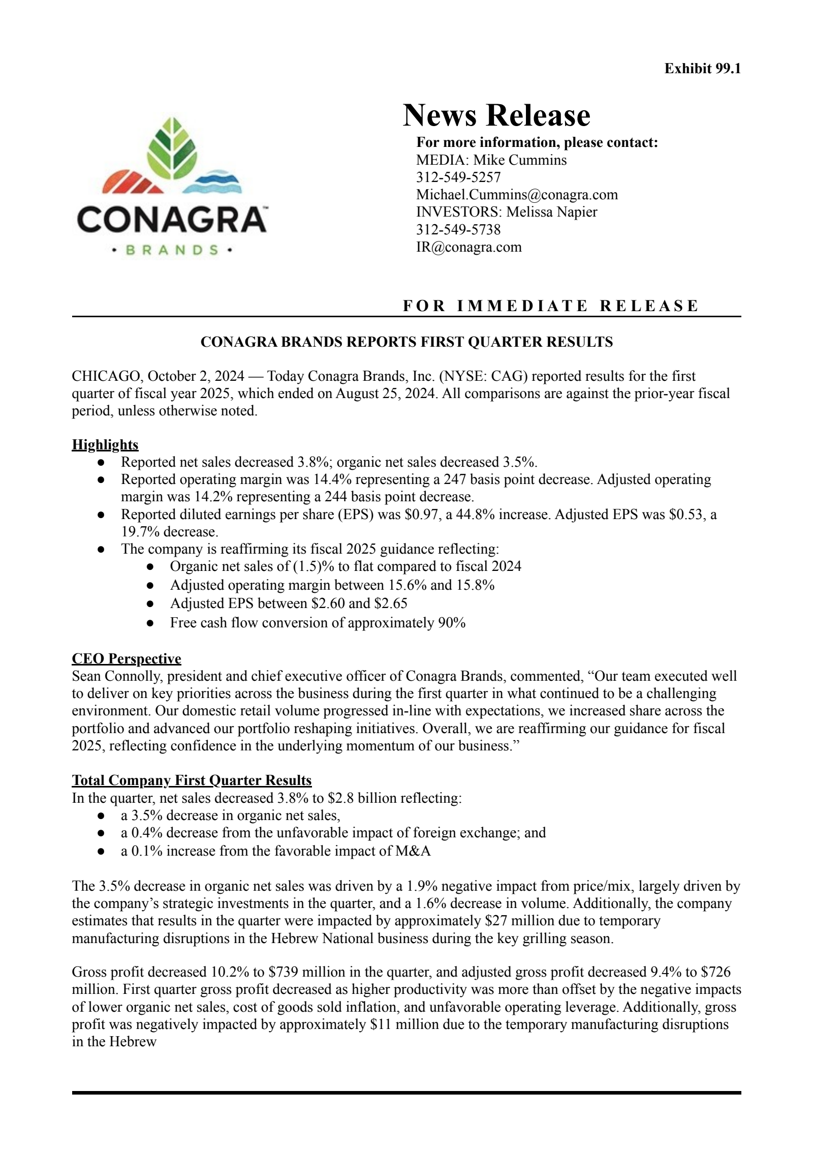 Conagra Brands' Q1 2025 Prepared Remarks Press Release