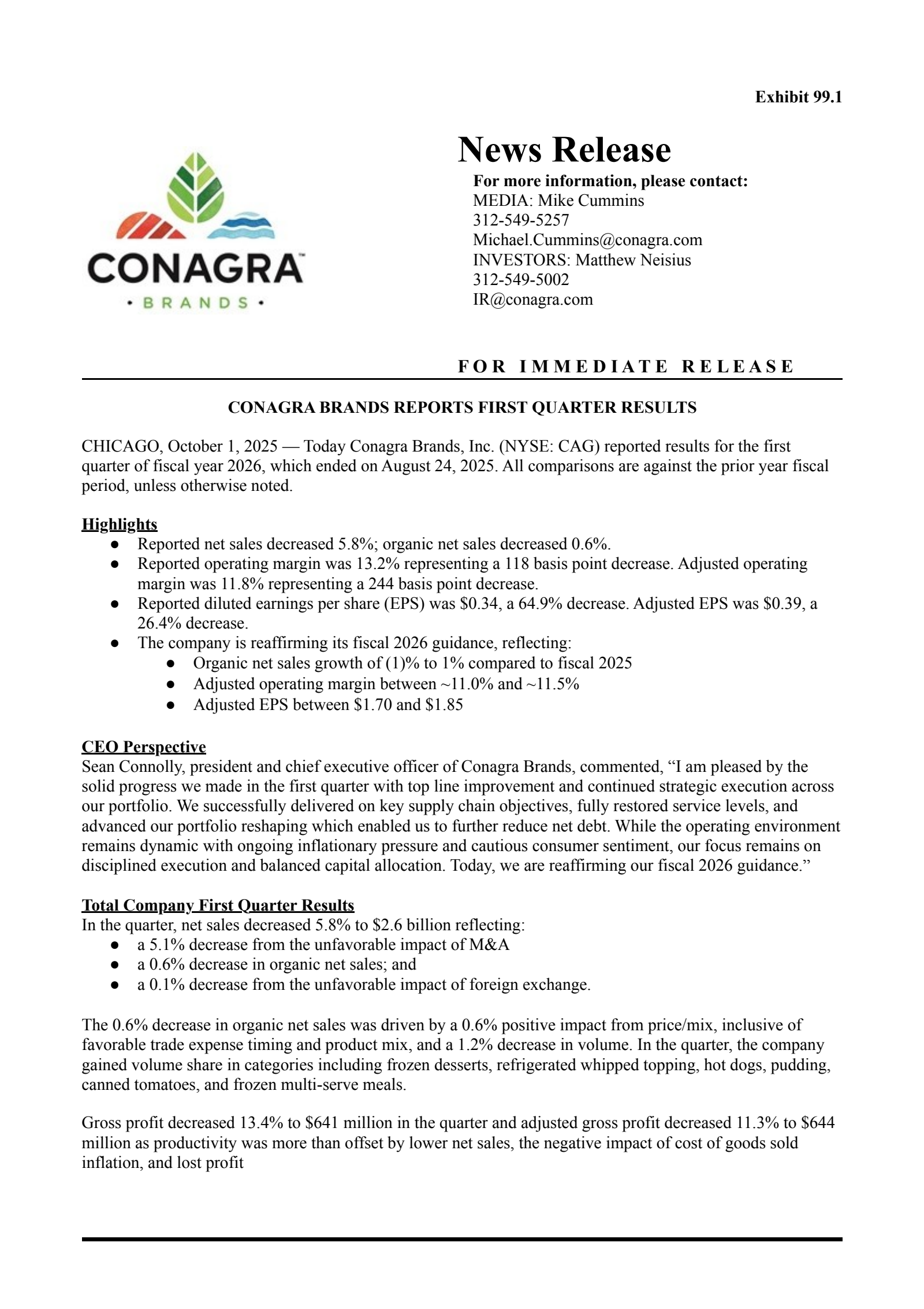 Conagra Brands' Q1 2026 Prepared Remarks Earnings Release