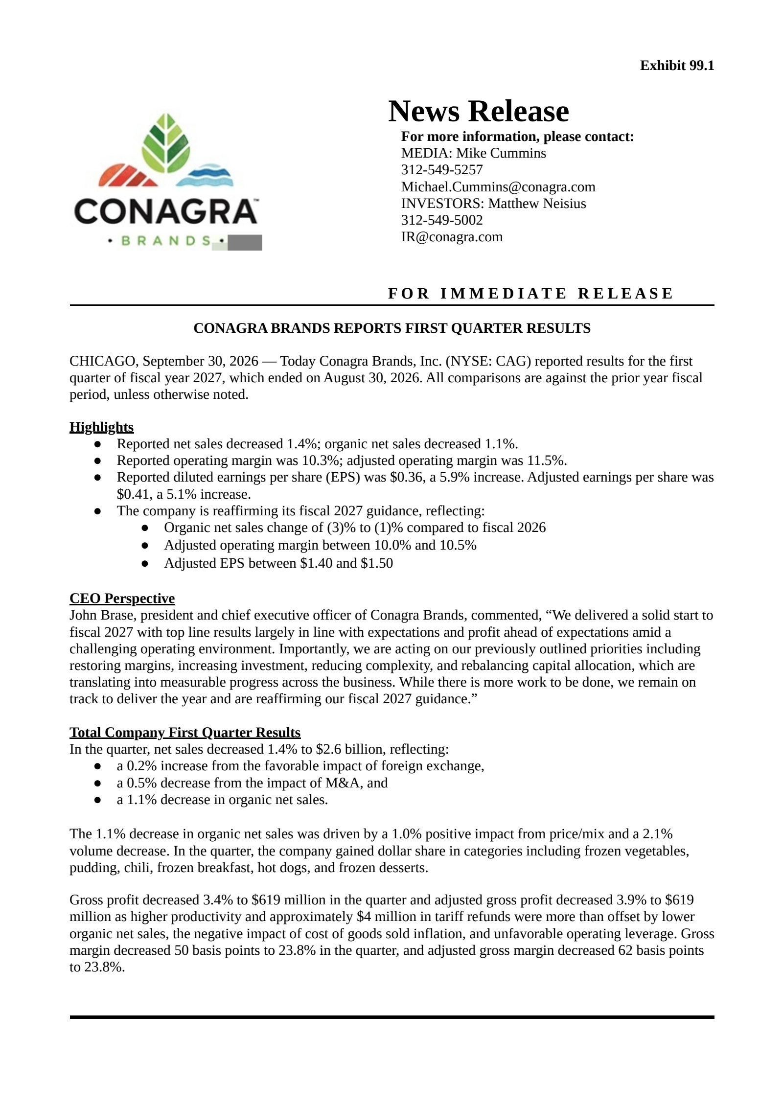 Conagra Brands' Q1 2027 Prepared Remarks Press Release