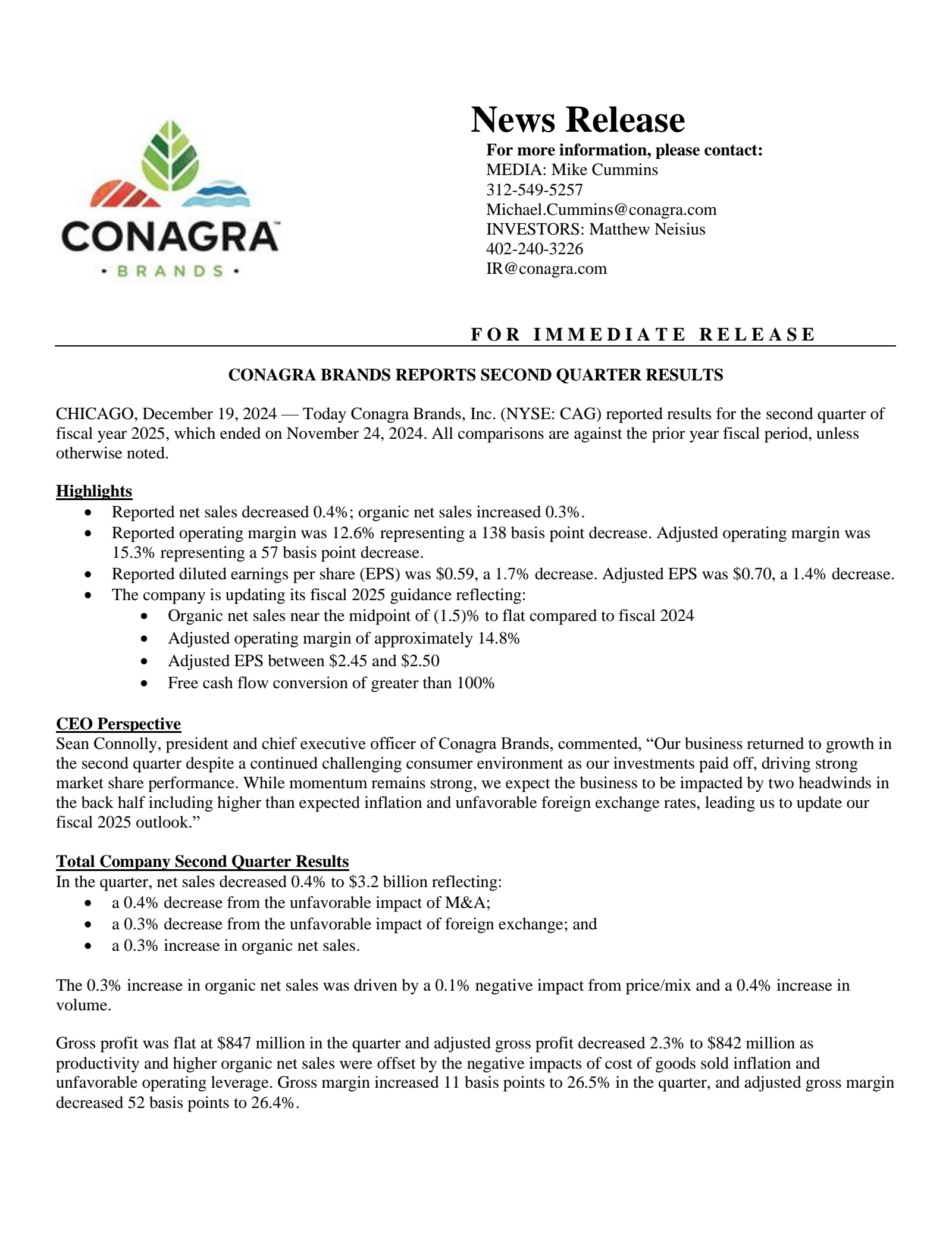Conagra Brands' Q2 2025 Prepared Remarks Press Release