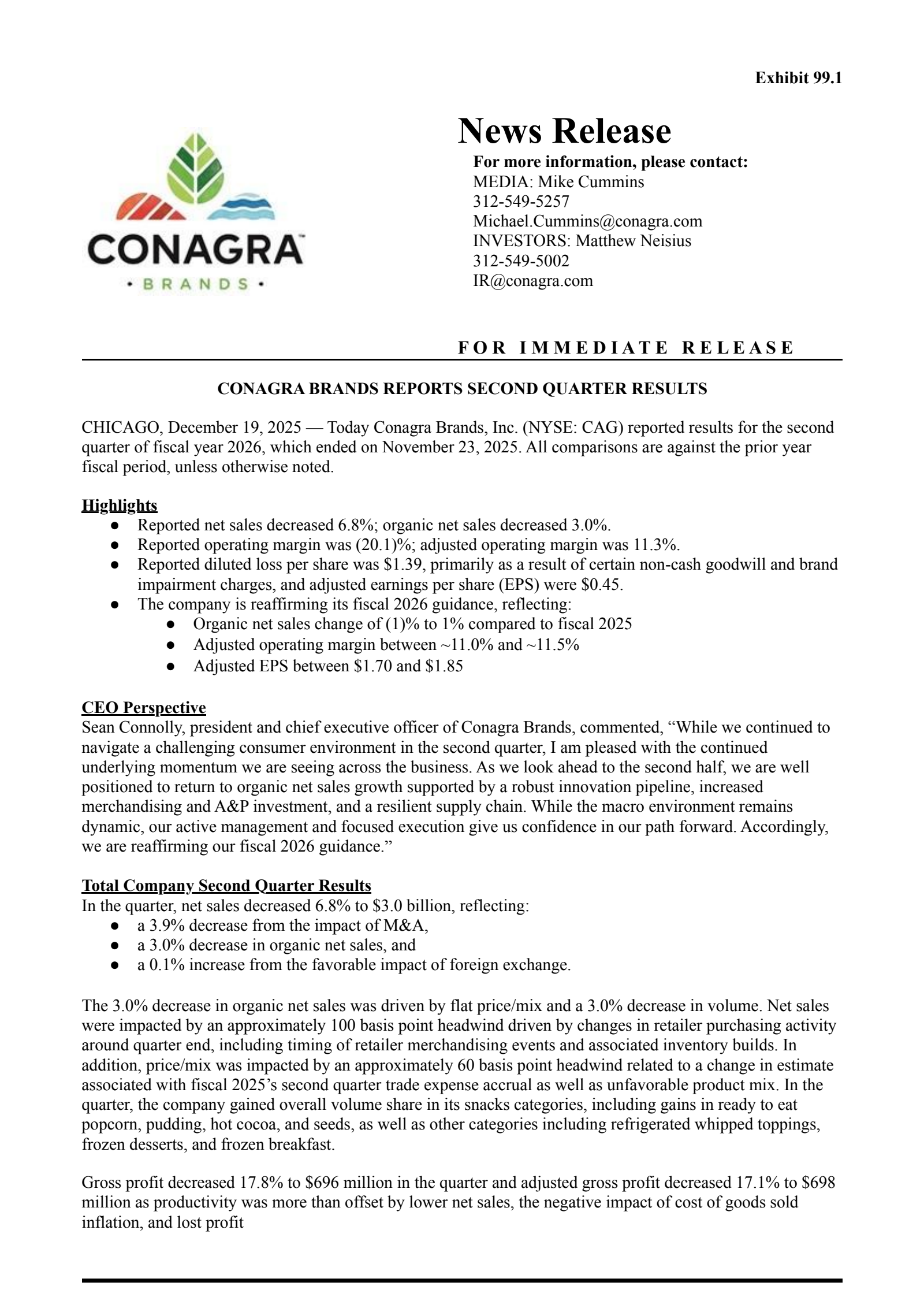 Conagra Brands' Q2 2026 Prepared Remarks Earnings Release