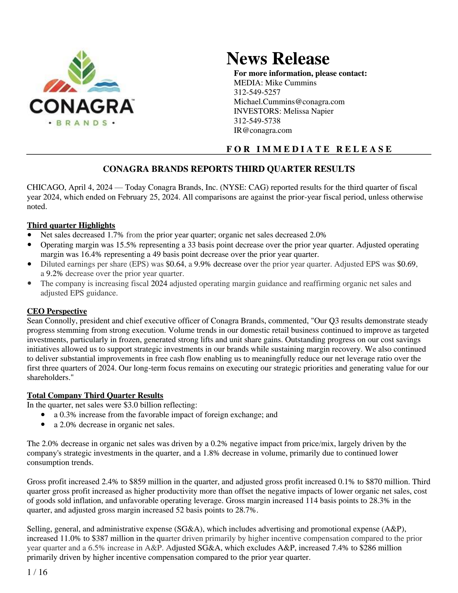 Conagra Brands' Q3 2024 Prepared Remarks Press Release