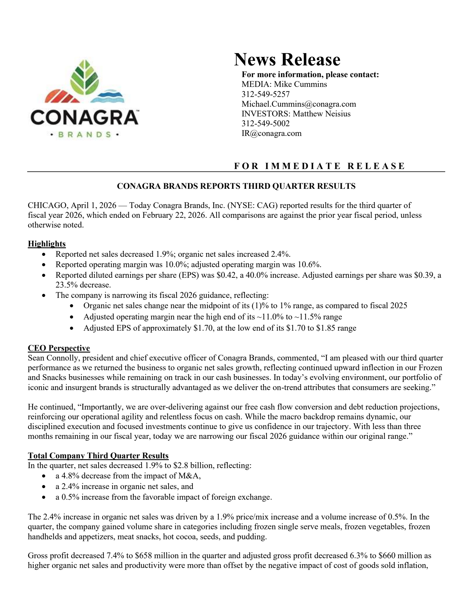 Conagra Brands' Q3 2026 Prepared Remarks Press Release