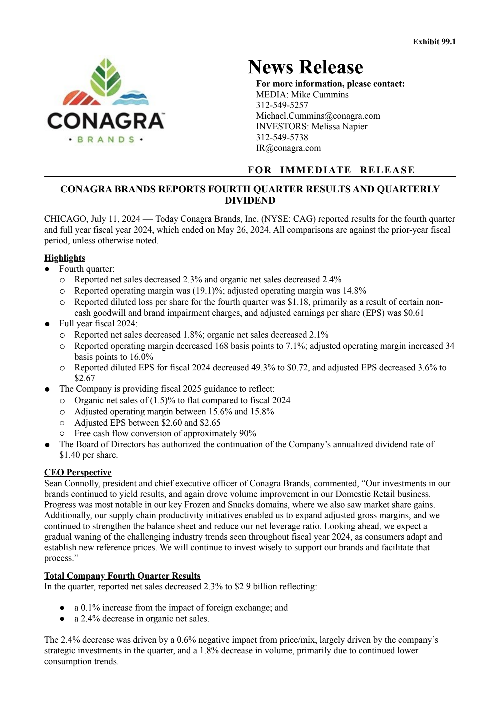 Conagra Brands' Q4 2024 Prepared Remarks Press Release