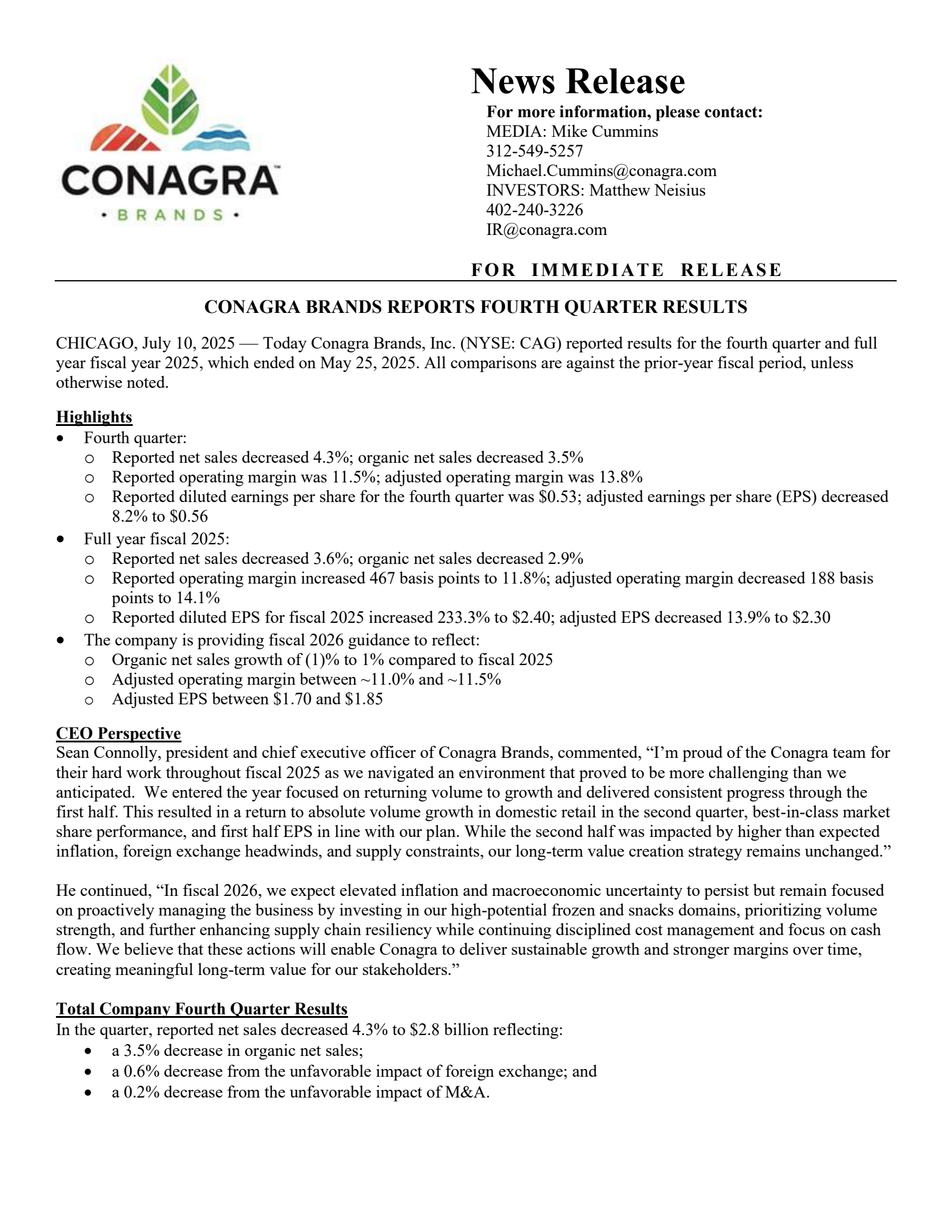 Conagra Brands' Q4 2025 Prepared Remarks Press Release