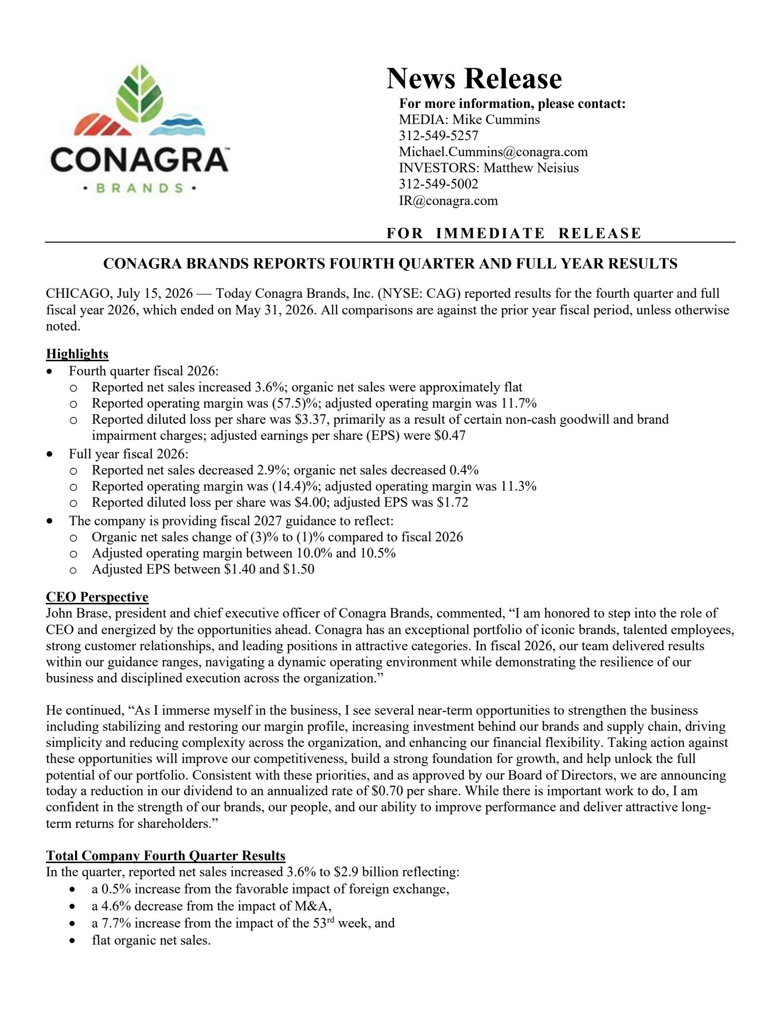 Conagra Brands' Q4 2026 Prepared Remarks Press Release