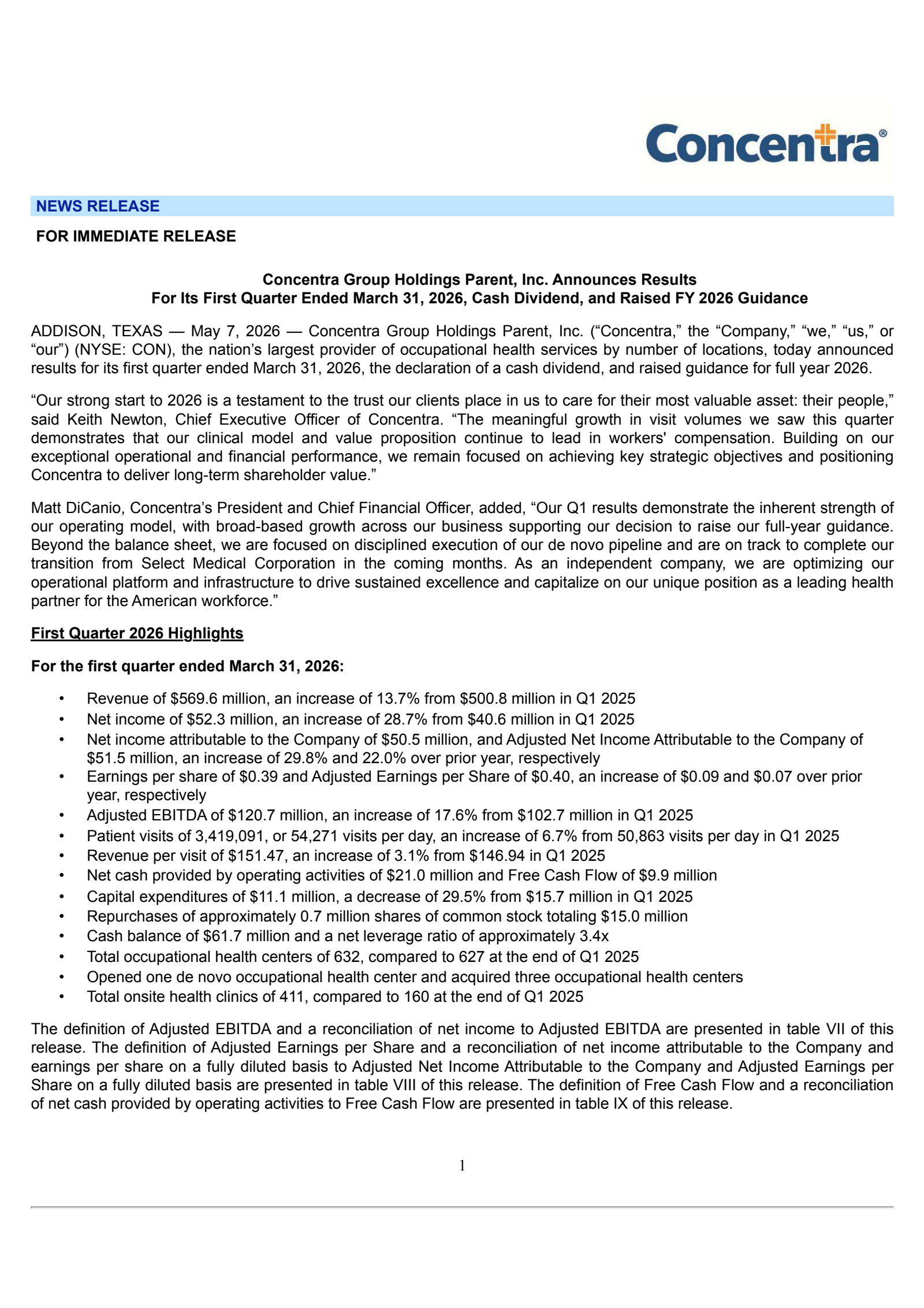 Concentra Group Holdings Parent's Q1 2026 Press Release