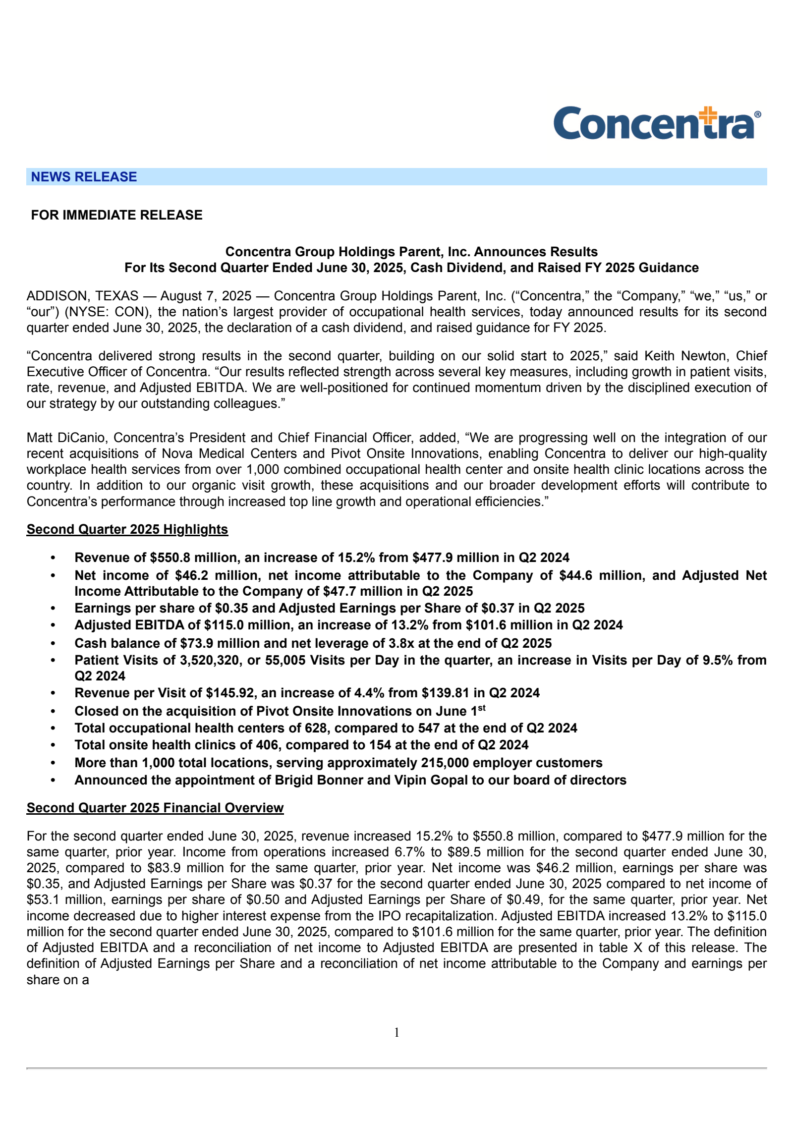 Concentra Group Holdings Parent's Q2 2025 Press Release