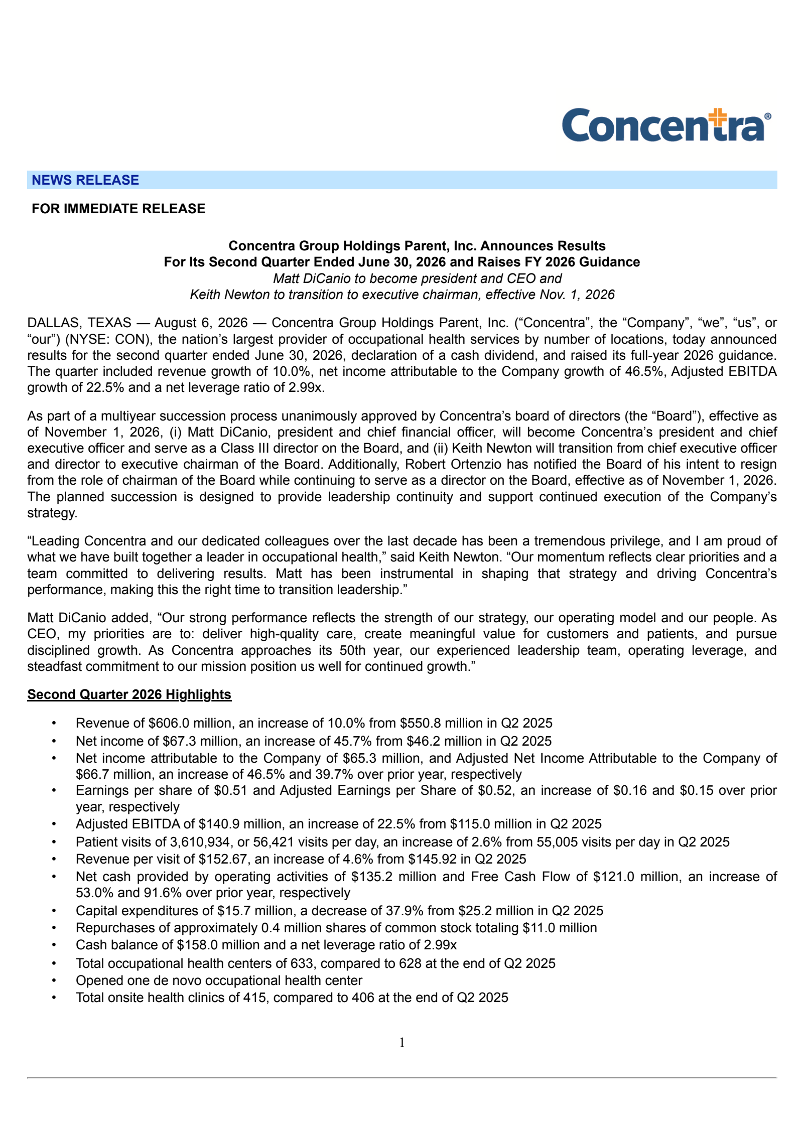 Concentra Group Holdings Parent's Q2 2026 Press Release