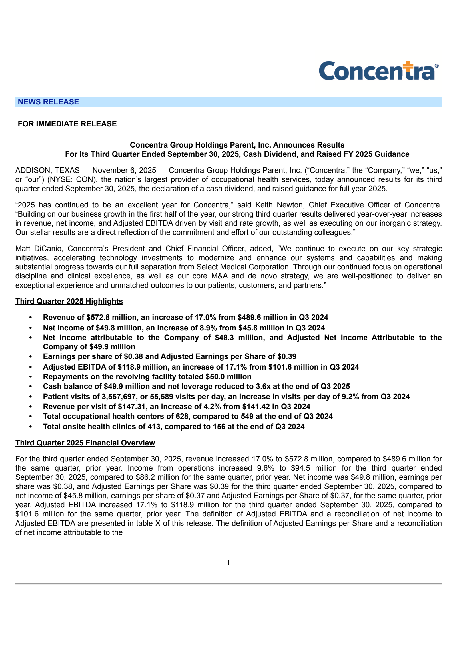 Concentra Group Holdings Parent's Q3 2025 Earnings Release