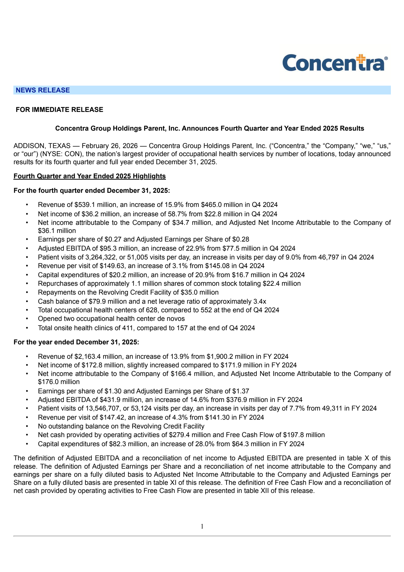 Concentra Group Holdings Parent's Q4 2025 Press Release