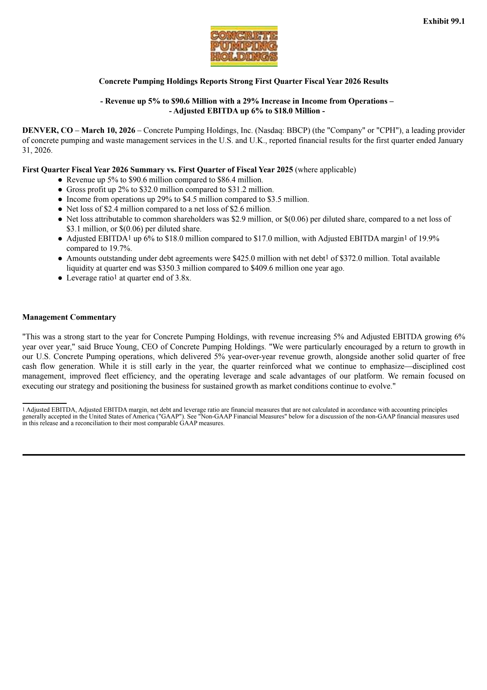 Concrete Pumping's Q1 2026 Press Release