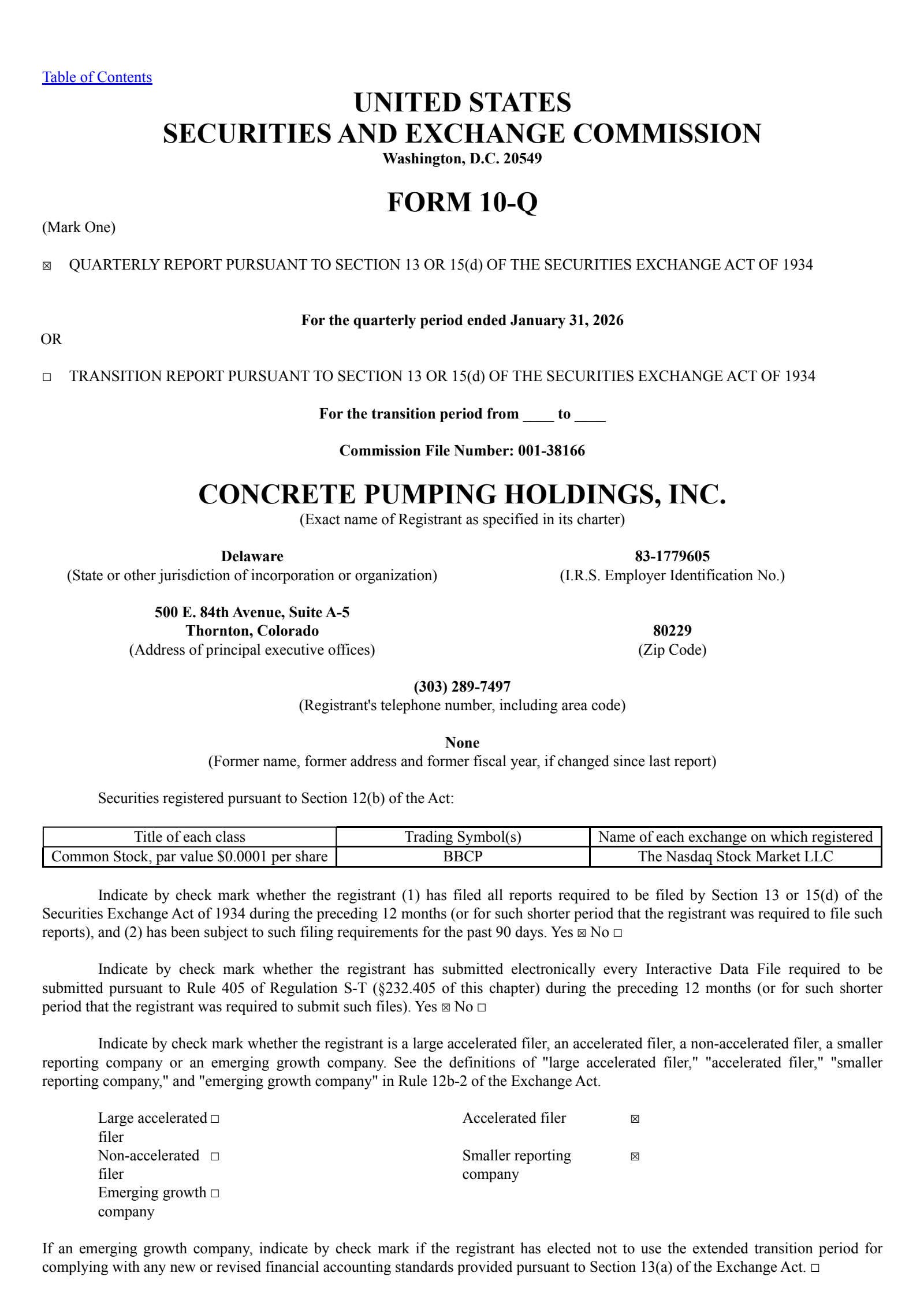 Concrete Pumping's Q1 2026 Quarterly report