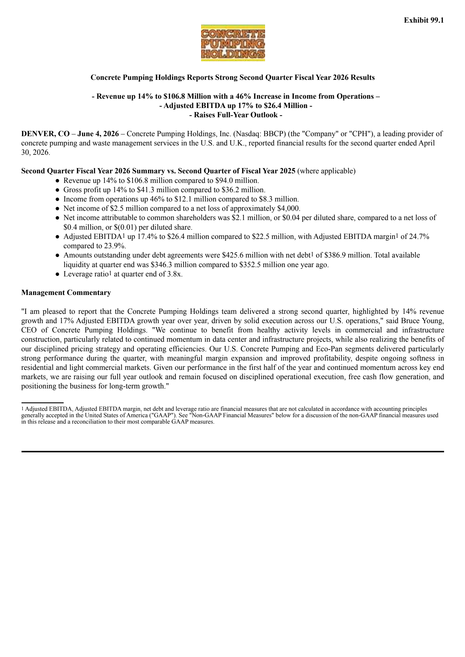 Concrete Pumping's Q2 2026 Press Release