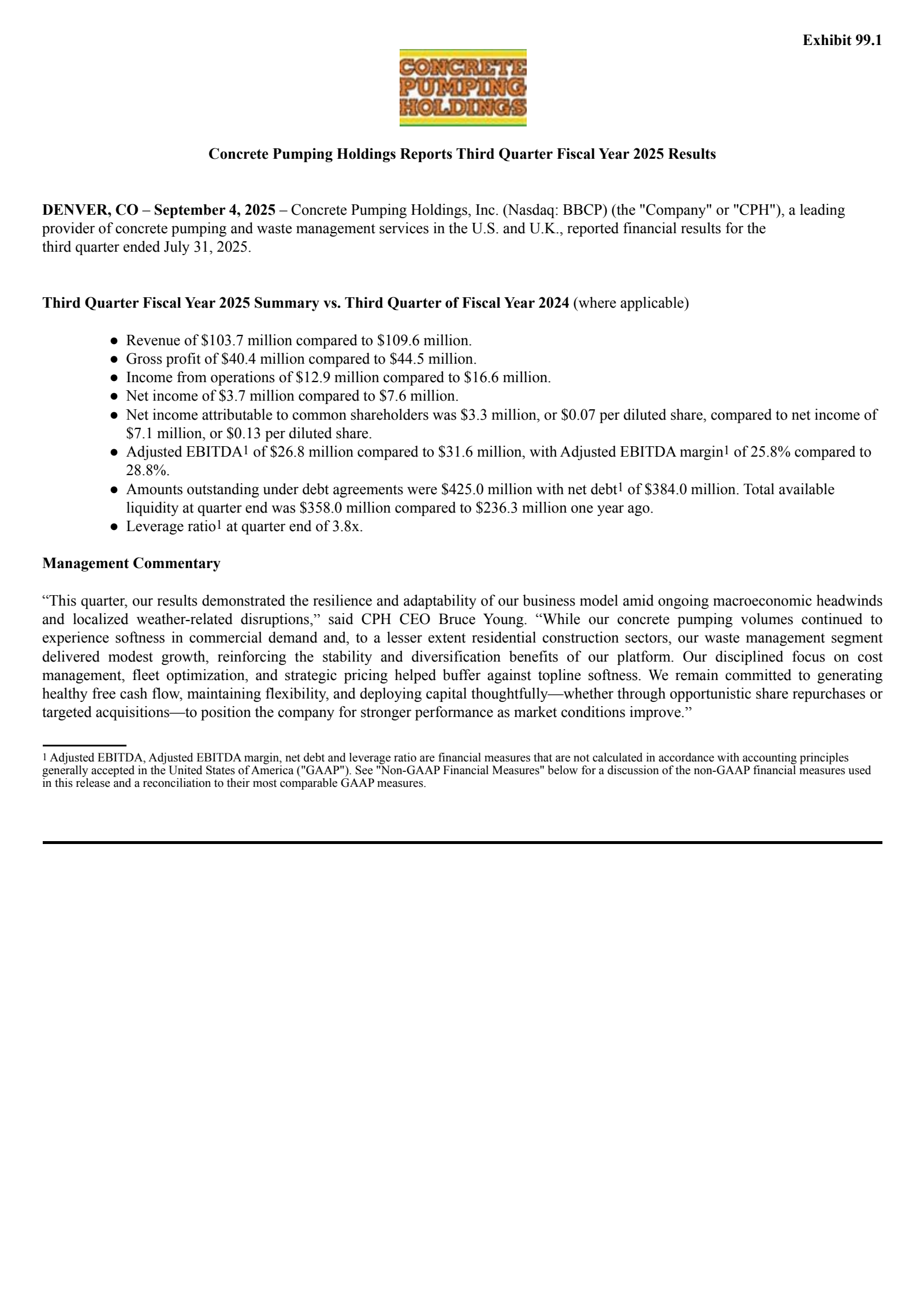 Concrete Pumping's Q3 2025 Press Release