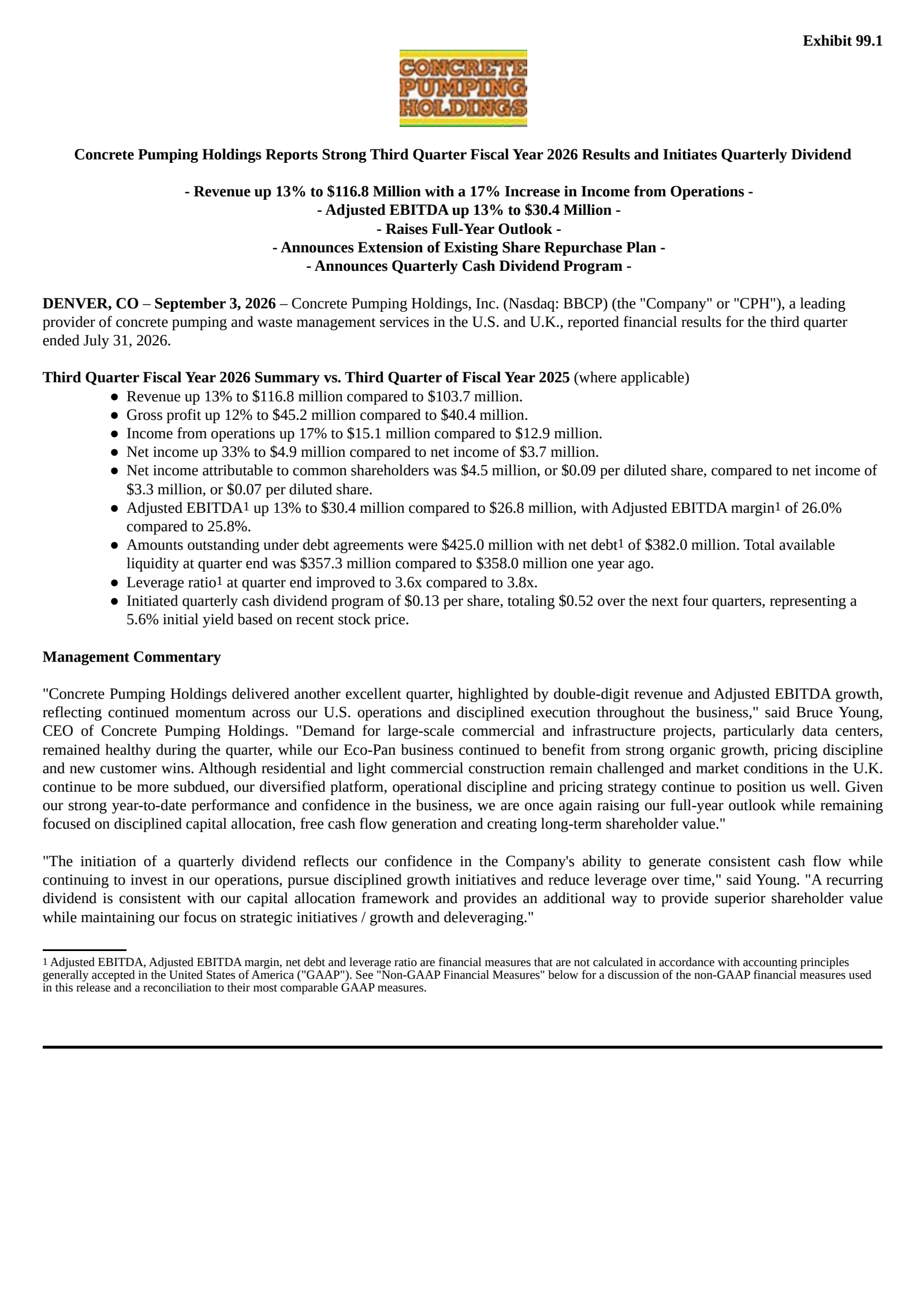 Concrete Pumping's Q3 2026 Press Release