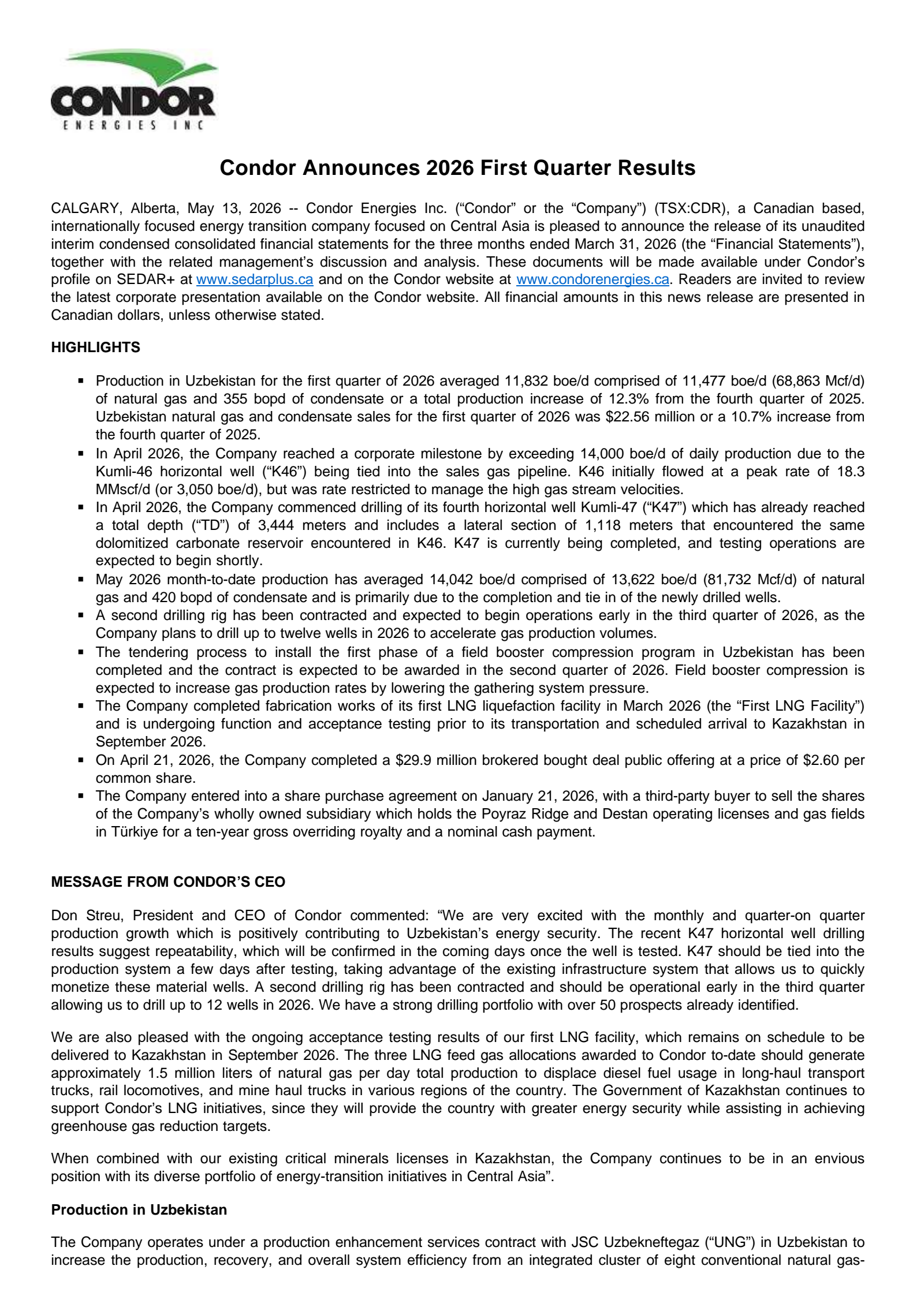 Condor Energies' Q1 2026 Press Release