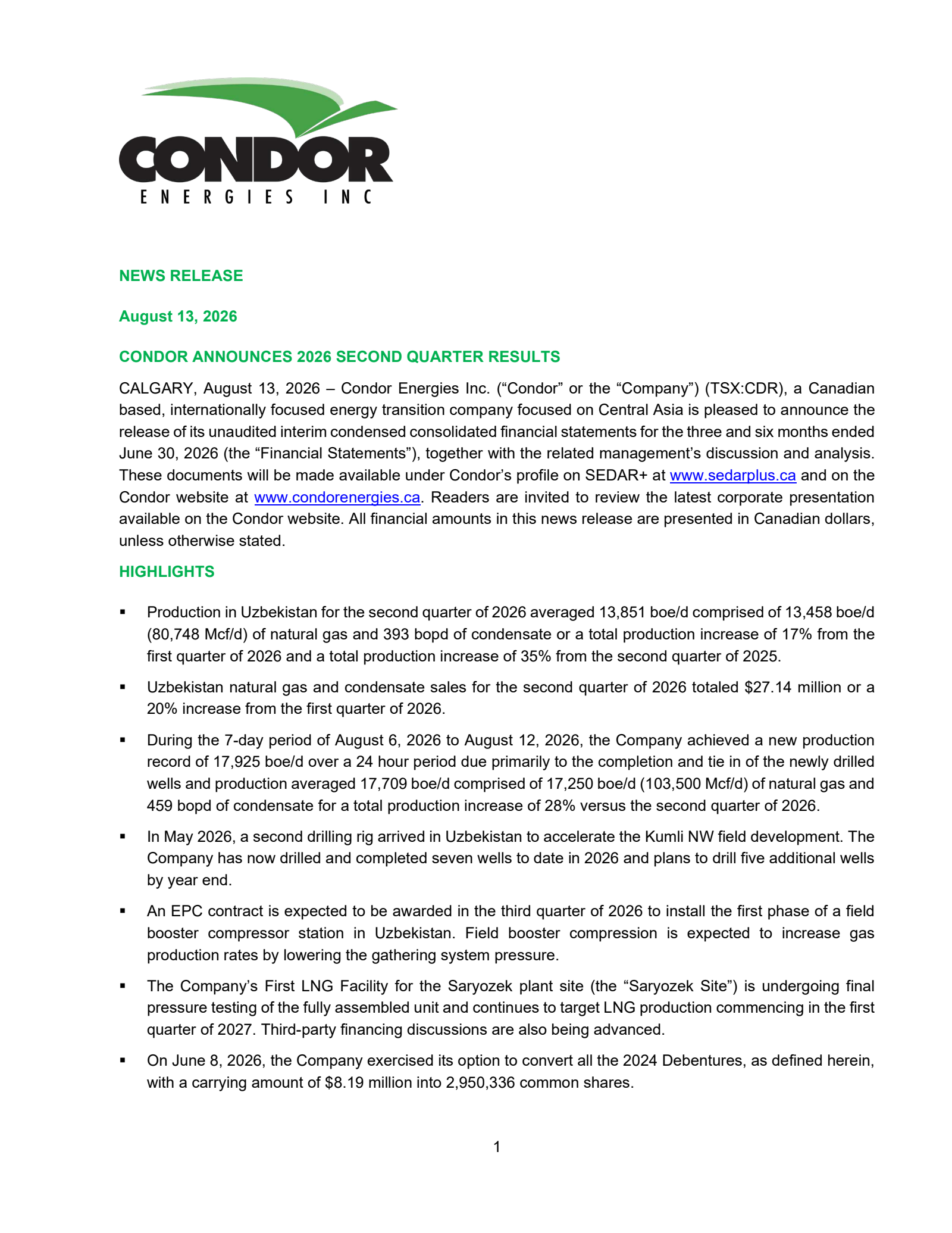 Condor Energies' Q2 2026 Press Release
