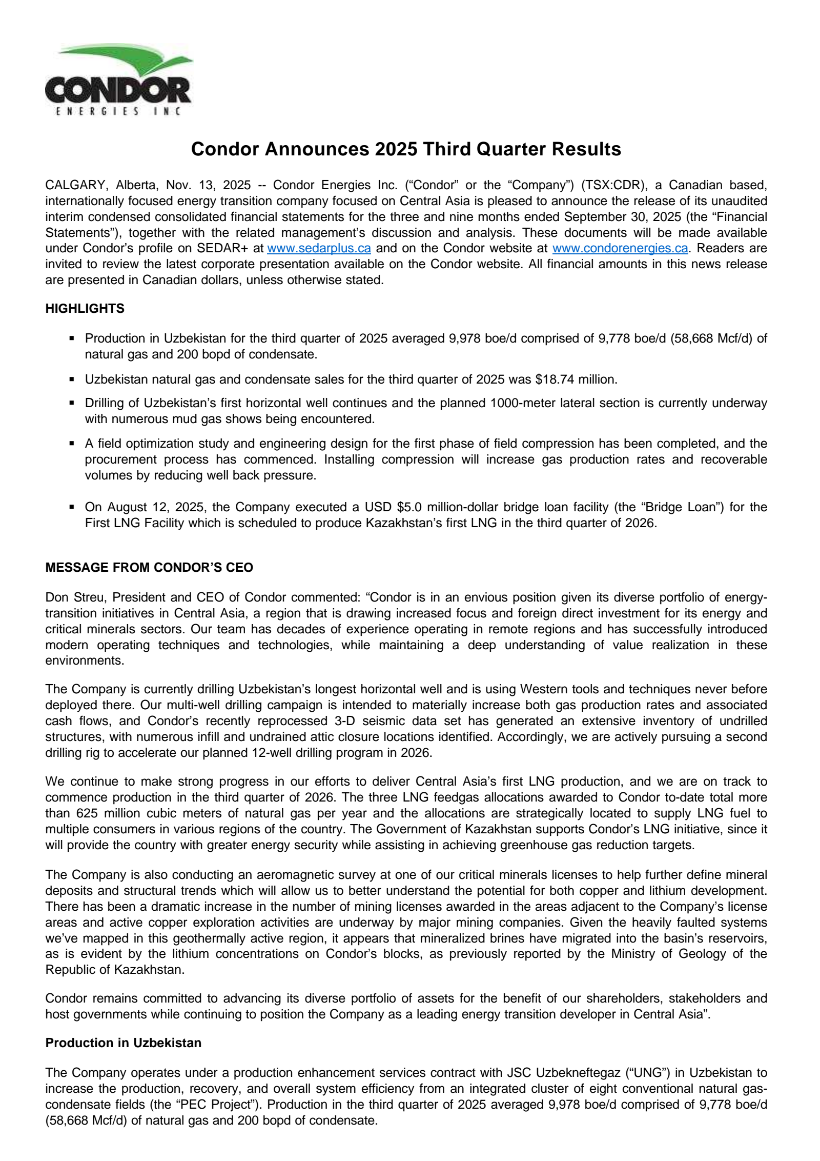 Condor Energies' Q3 2025 Earnings Release