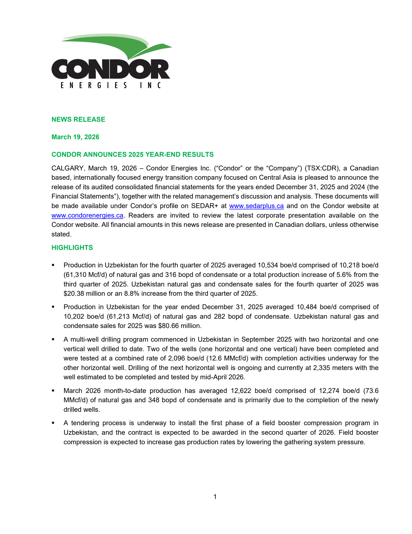 Condor Energies' Q4 2025 Press Release